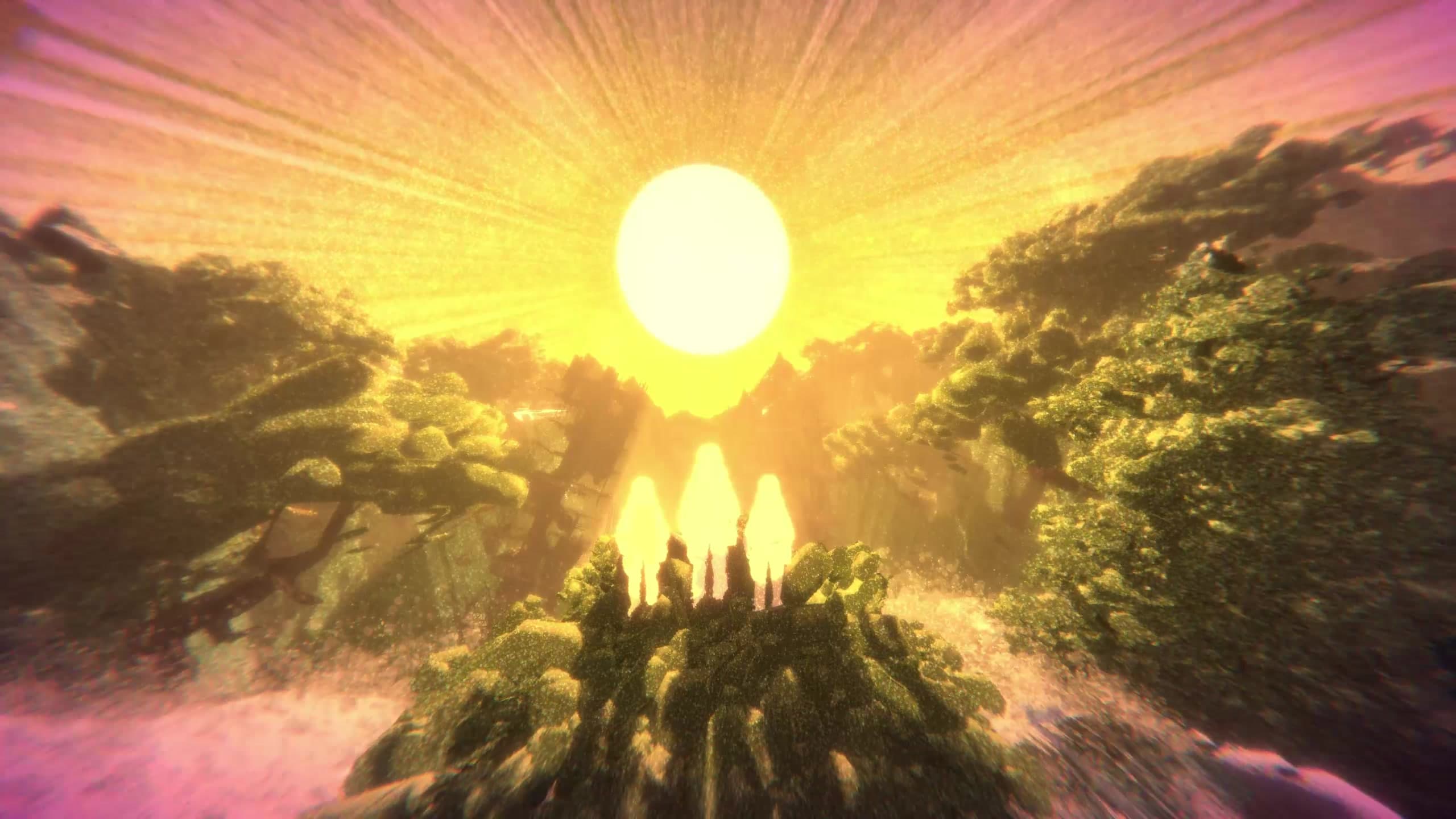 A dreamlike, golden-hued landscape with a shining sun in the center. Three silhouetted figures stand atop a rocky hill in the center of the foreground, surrounded by rushing water. In the background are lush, green trees and vegetation.