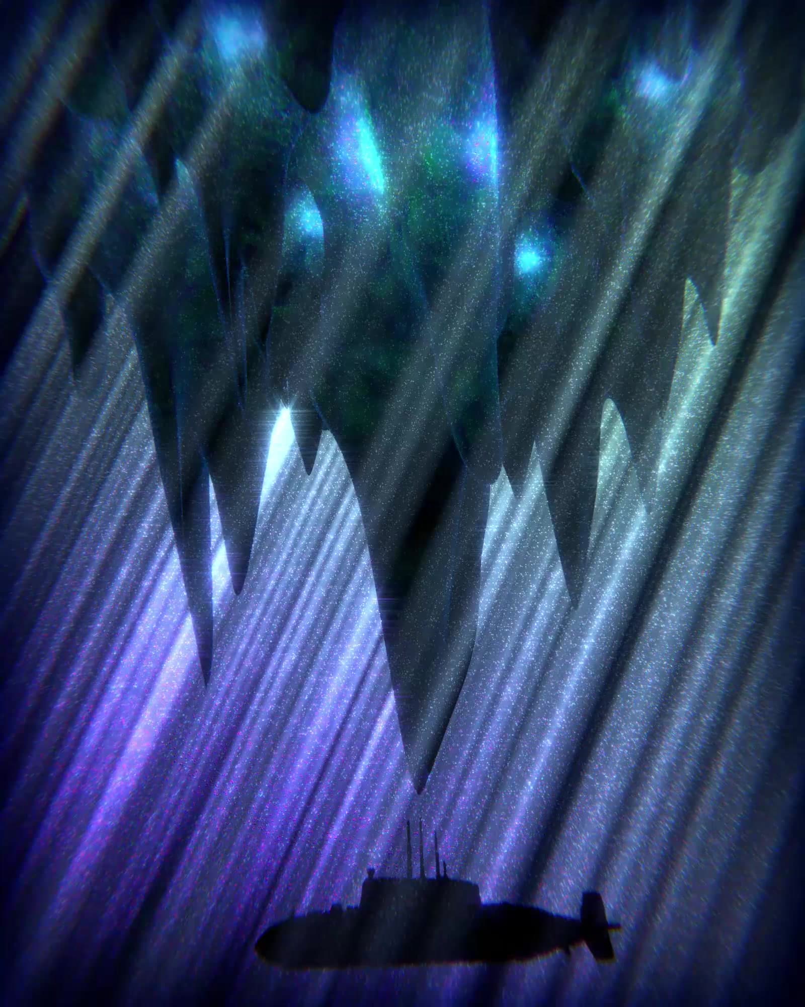 The silhouette of a submarine sits at the bottom of an abstract, shimmering underwater landscape. Linear strokes of bright purple, blue, and blue-green penetrate from the surface, suggesting the refraction of light and creating a sense of depth. Protruding from above is the dark shadow of a craggy, glacier-like formation with blurry, round bright blue spots shining through.