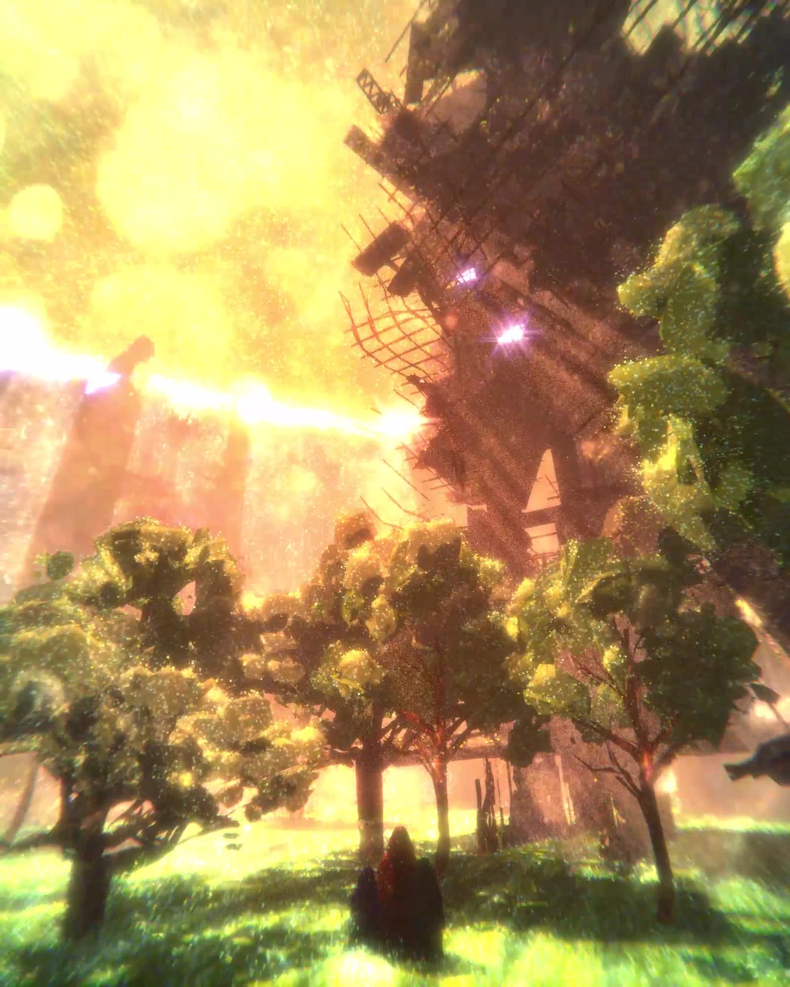 An image of light filtering through trees, subtly animated so that the rays illuminate as if moving. A large structure looming in the background of the right side of the frame. A series of small, hooded figures are centered in the foreground, wearing hooded cloaks over their heads. The overall color palate is pastel, with sparkling particle effects applied throughout.
