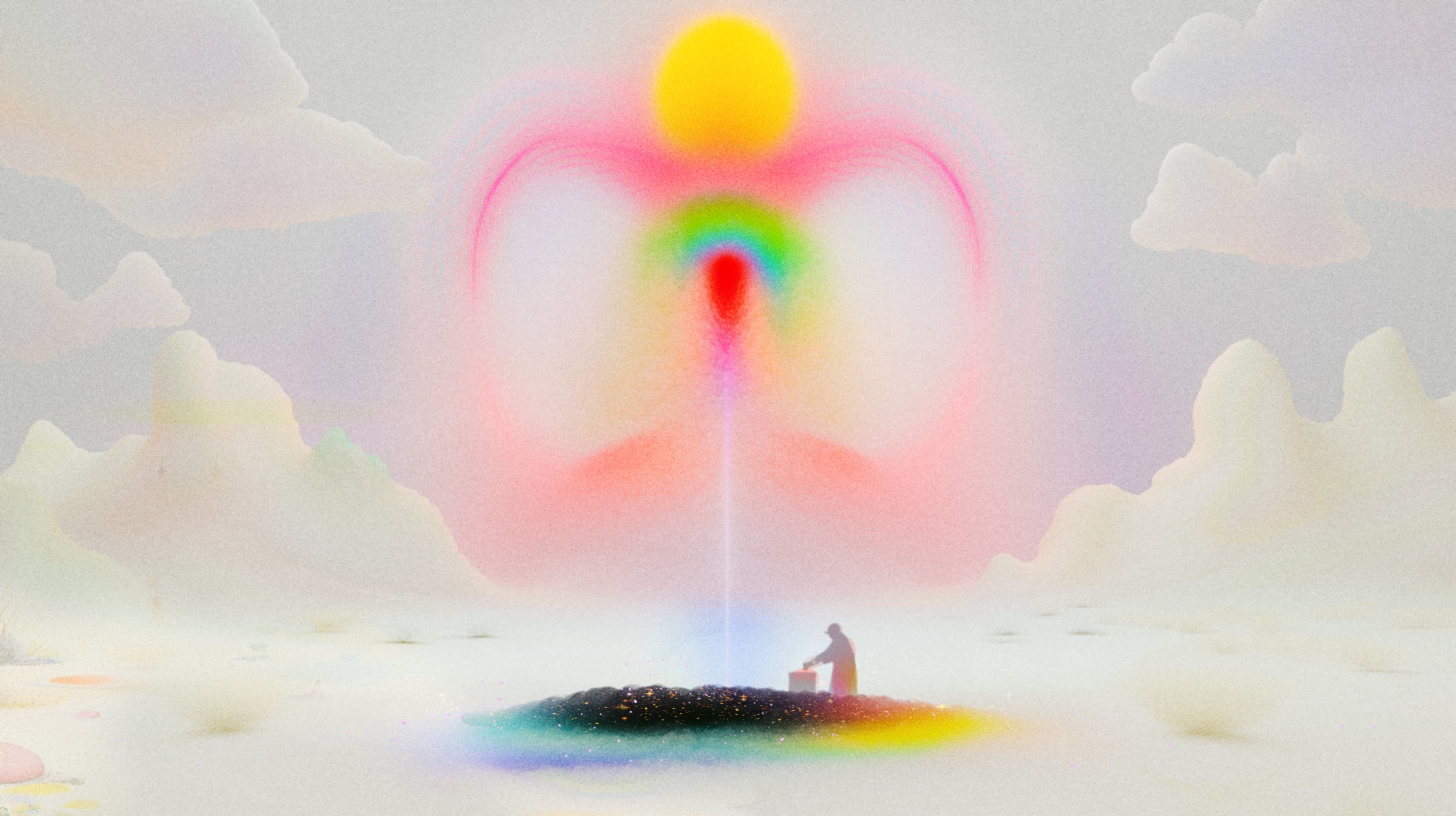 A dreamlike illustration of a silhouette of a person standing on a small dirt island surrounded on all sides by clouds and billowy white mountains. They are handling a crate or small box, and the earth island beneath their feet is encircled by multicolored light. Above them is a spectacle of colors: a large, sun-like orb surrounded by pink atmospheric glow, with a beam of white-pink light connecting from the orb to the ground.