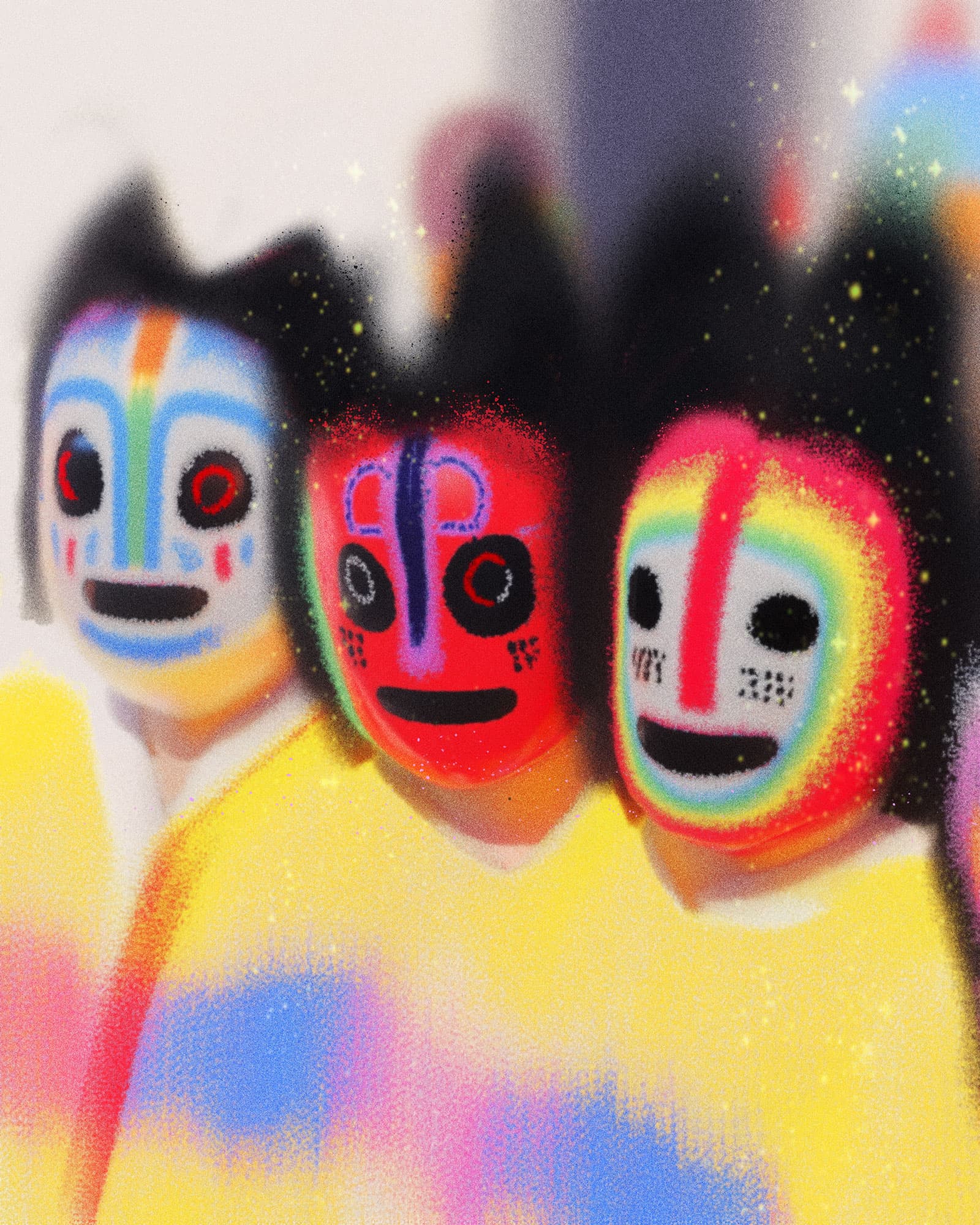 Stylized illustrations of three black-haired figures wearing brightly colored tribal or ceremonial masks. The masks feature bold geometric patterns in neon shades of red, yellow, blue, green, and orange. All three figures wear yellow clothing with an inky pinkish-blue pattern across the chest.