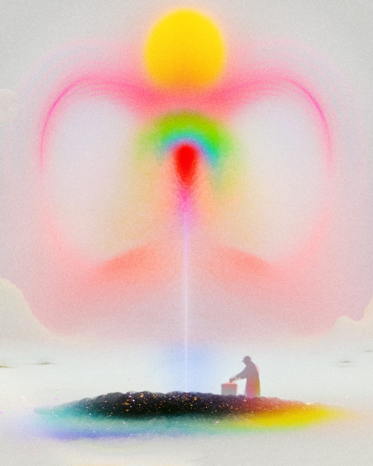 A dreamlike illustration of a silhouette of a person standing on a small dirt island surrounded on all sides by clouds and billowy white mountains. They are handling a crate or small box, and the earth island beneath their feet is encircled by multicolored light. Above them is a spectacle of colors: a large, sun-like orb surrounded by pink atmospheric glow, with a beam of white-pink light connecting from the orb to the ground.