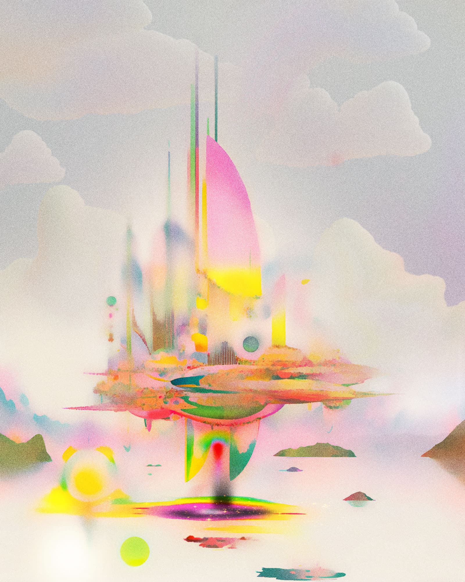 An abstract digital landscape featuring colorful, pastel floating spheres and other geometric shapes. In the center, a ship-like structure with a yellow-pink sail hovers above the landscape surrounded by distant mountains.