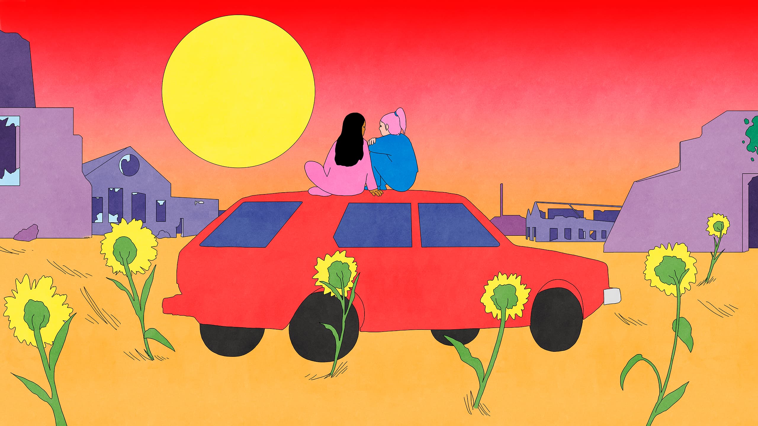 A colorful, minimalist illustration of two women sitting on the roof of a red car watching a large yellow sun on a bright red sky set over crumbling, purple buildings. Sunflowers grow around the car from orange soil.  