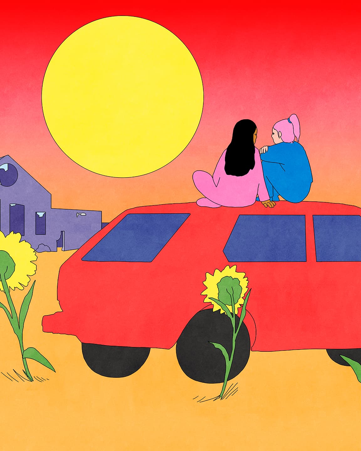 A colorful, minimalist illustration of two women sitting on the roof of a red car watching a large yellow sun on a bright red sky set over crumbling, purple buildings. Sunflowers grow around the car from orange soil.  