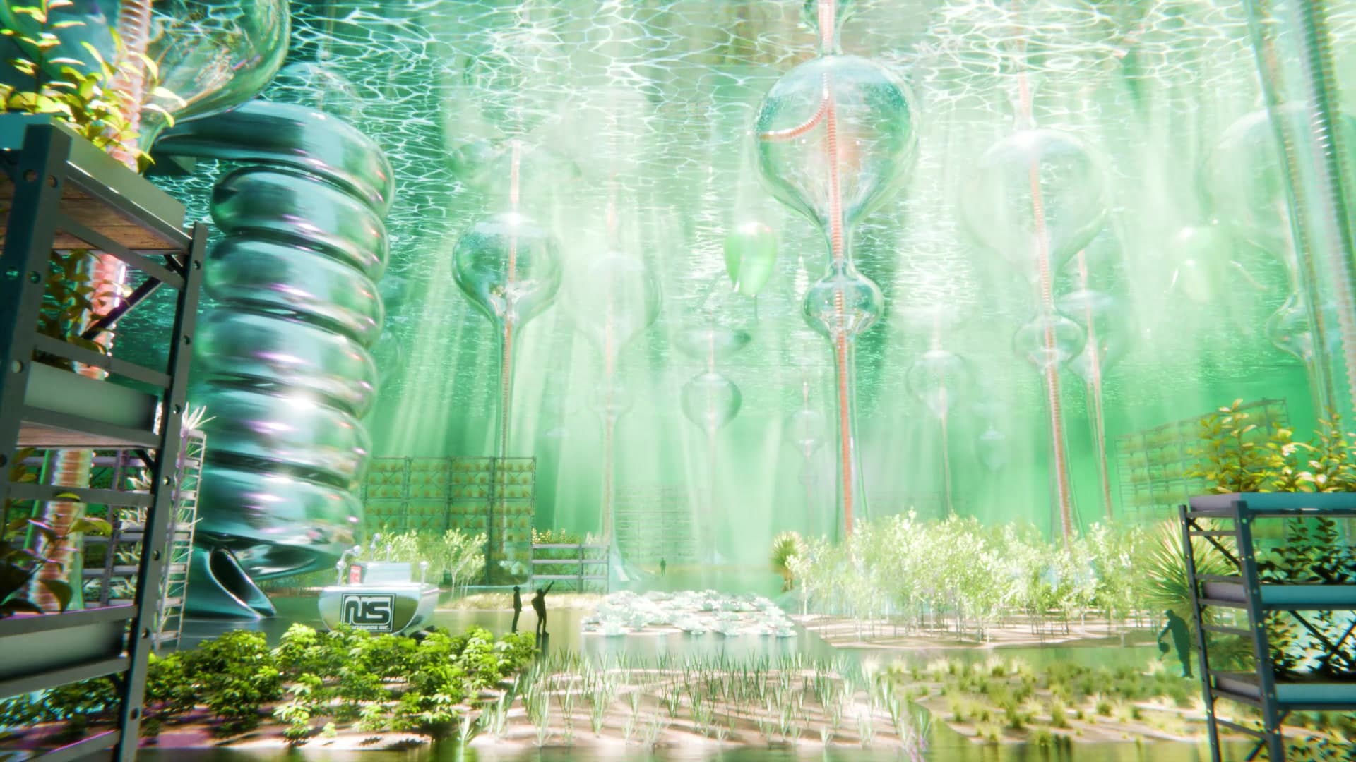 An ethereal, green landscape featuring an under-lake hydroponic farming facility with large glass water columns and bulbous tanks. Sunlight filters through the water on the surface, casting long beams that illuminate plants,  growing stations, and monitoring equipment below.