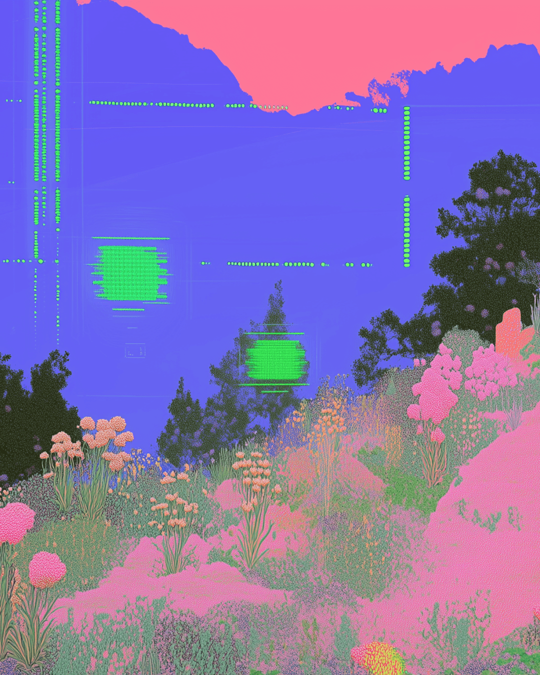 A dreamlike, ethereal pan around a stylized 3D rendering of a mountain hillside covered in grass, dark green trees, and pink, purple, and yellow flowers. As the camera moves, flickering green lines come into view, forming the outline of urban buildings. Pink and purple hills rise in the distance.