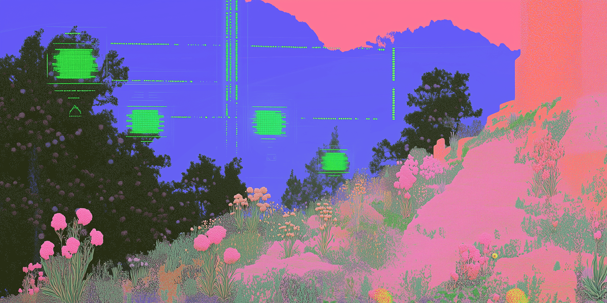 A dreamlike, ethereal pan around a stylized 3D rendering of a mountain hillside covered in grass, dark green trees, and pink, purple, and yellow flowers. As the camera moves, flickering green lines come into view, forming the outline of urban buildings. Pink and purple hills rise in the distance.
