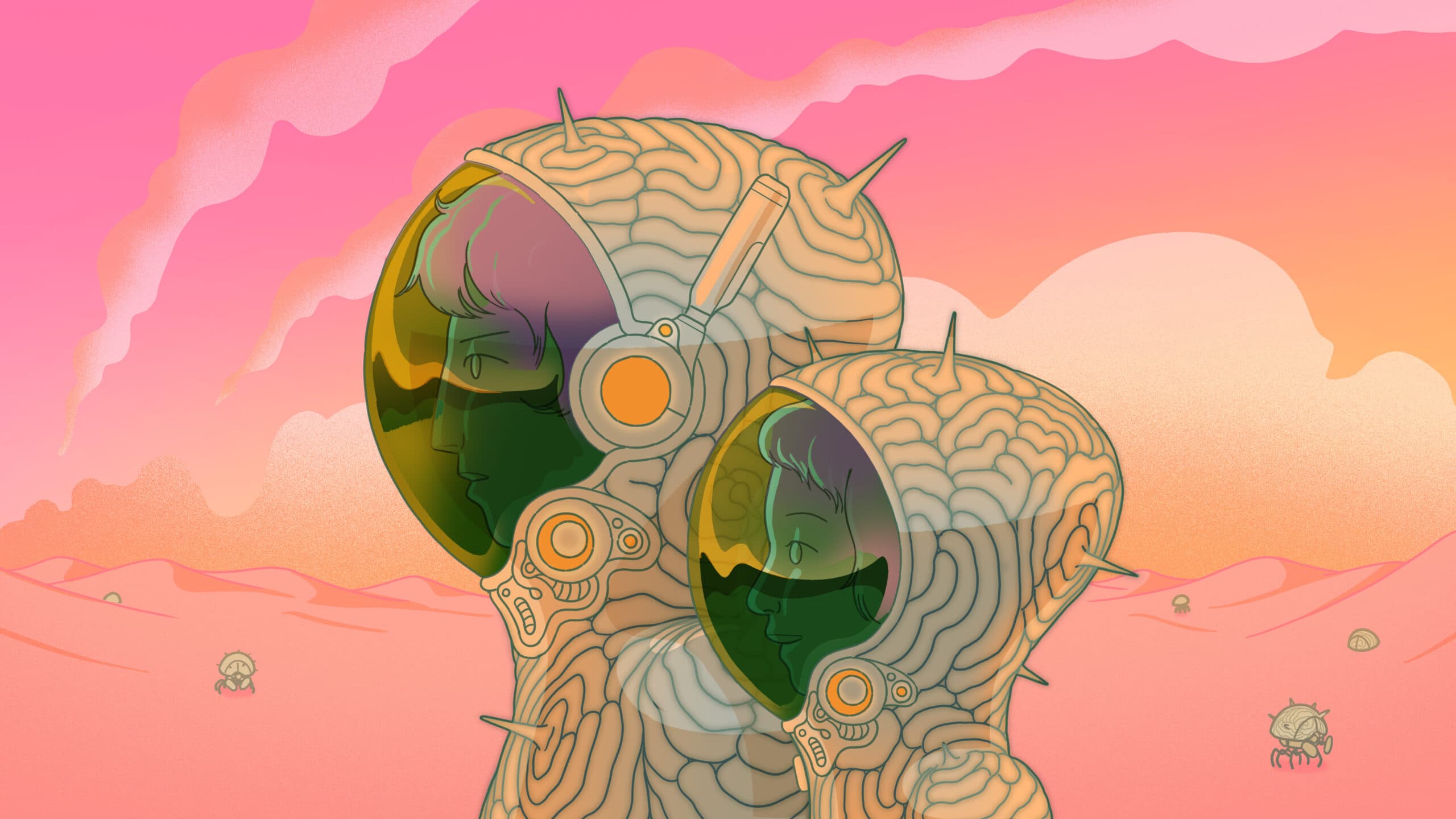 An illustration of two figures–one smaller, one larger–in profile against an orange desert backdrop. They are wearing climate-controlled suits with transparent helmets covering their faces, which are visible through their glass visors. In the background there are small, grey bug-like robots on the surface of the sand.