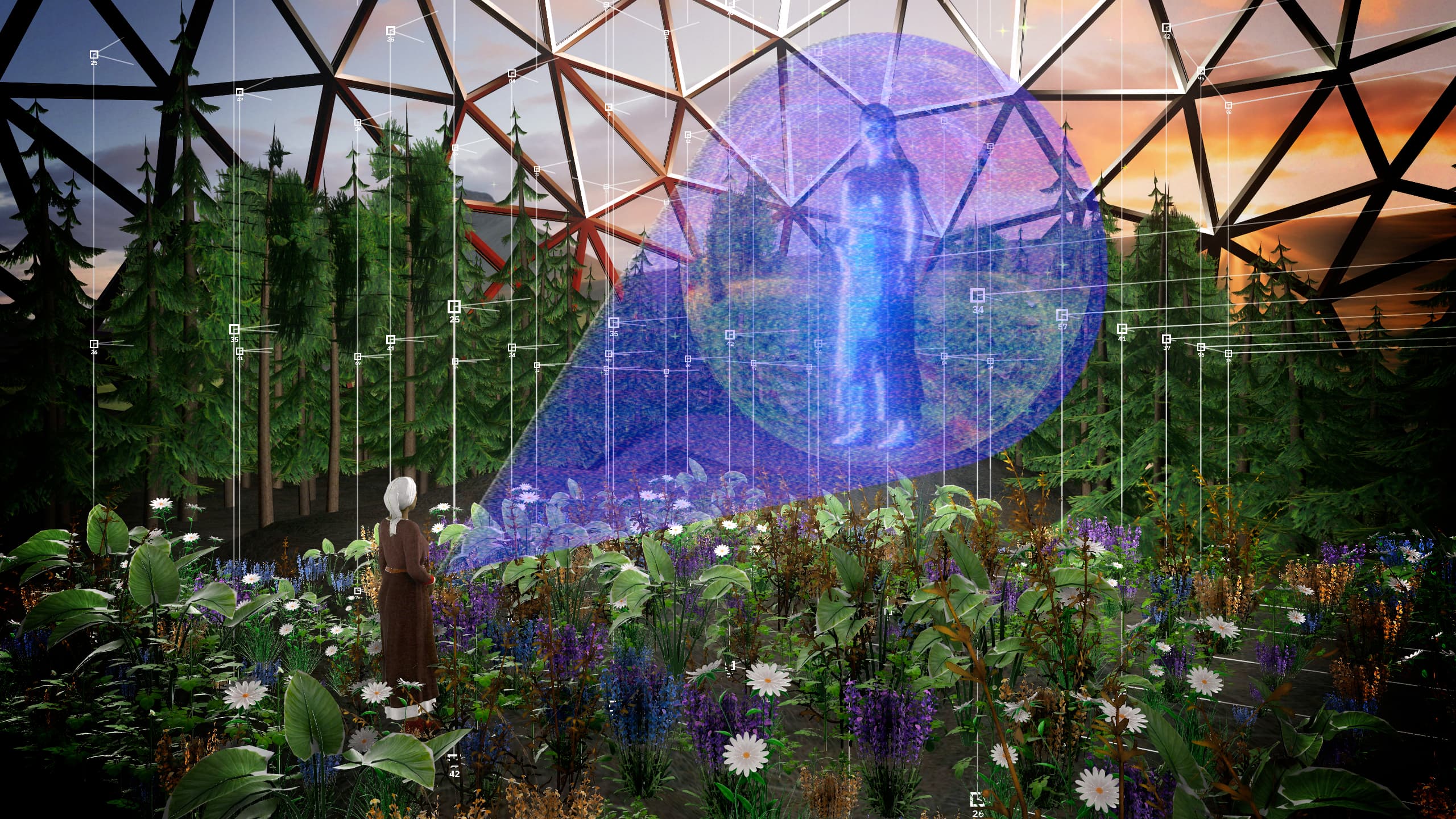 A woman in a bandana-style head covering stands in a geodesic dome greenhouse surrounded by a vibrant flower garden. She is looking up at a large blue holographic sphere containing a larger-than-life woman-like figure. Digital measurement grid lines overlay the scene, and in the background a sunset is visible through the dome.