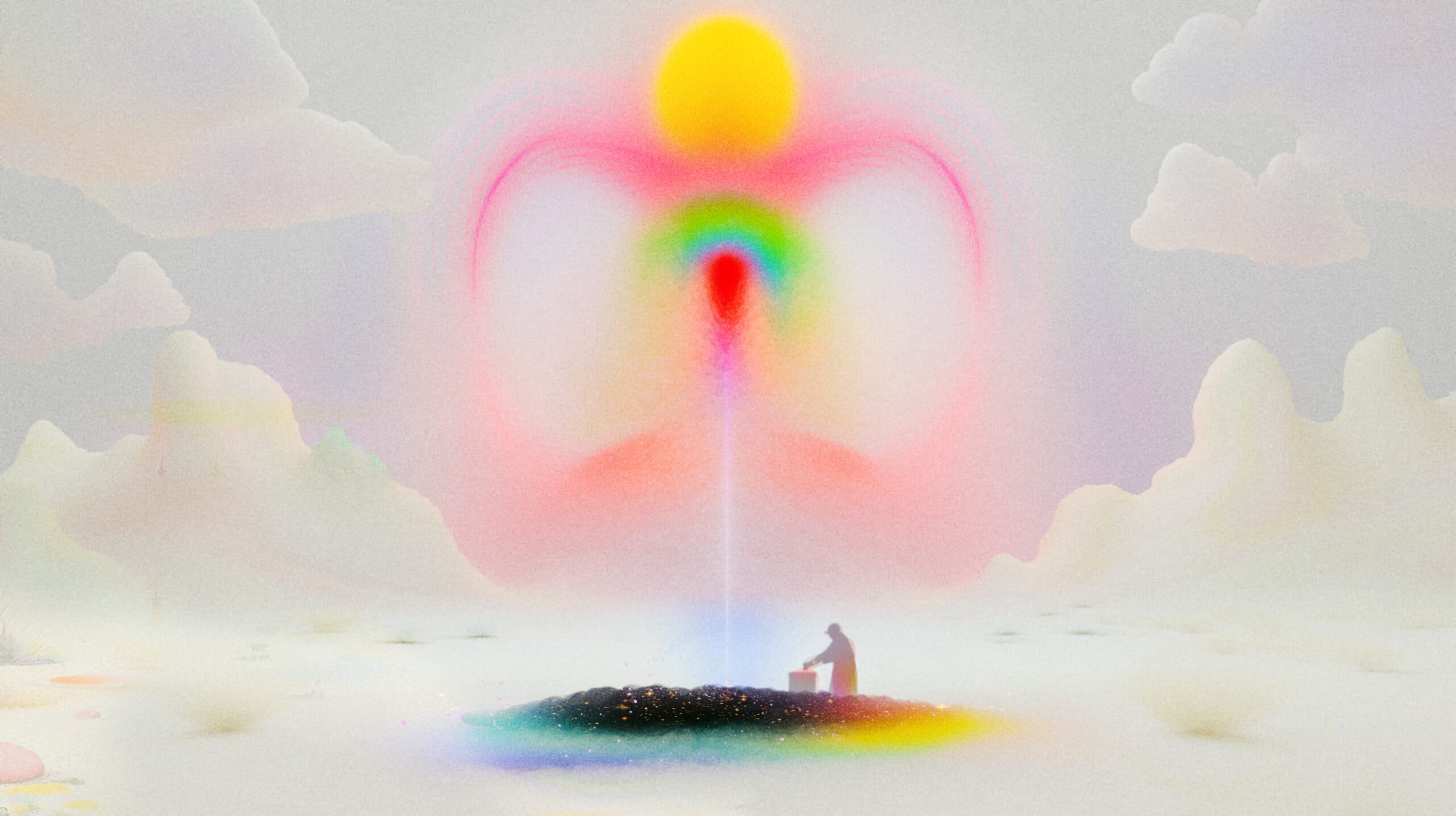 A dreamlike illustration of a silhouette of a person standing on a small dirt island surrounded on all sides by clouds and billowy white mountains. They are handling a crate or small box, and the earth island beneath their feet is encircled by multicolored light. Above them is a spectacle of colors: a large, sun-like orb surrounded by pink atmospheric glow, with a beam of white-pink light connecting from the orb to the ground.