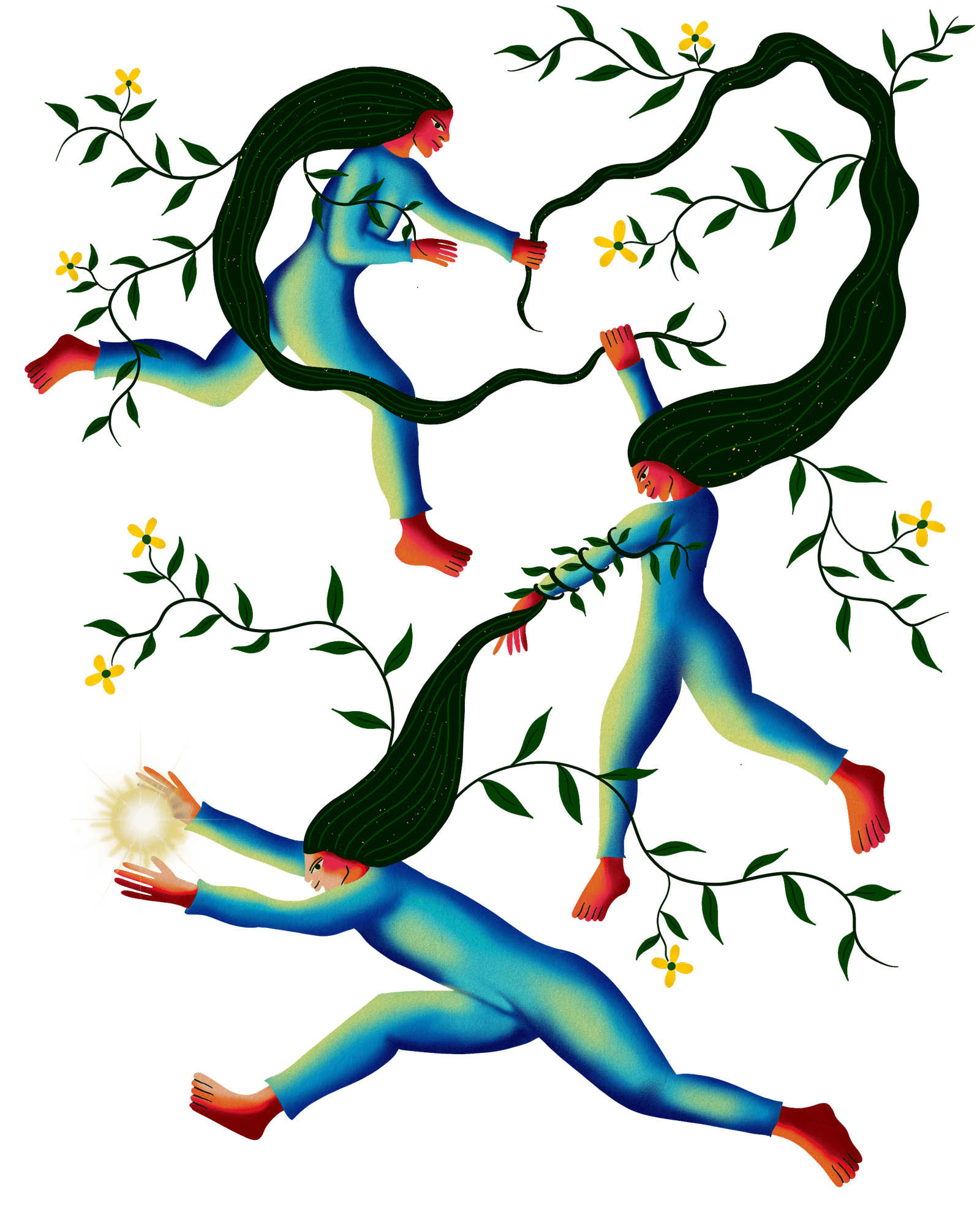 Three stylized human figures dressed in blue-green bodysuits frolic amongst green vine-like branches with yellow flowers. They have long black hair and pink-red skin. One of the figures reaches out toward a glowing, sun-like orb, the others follow behind.