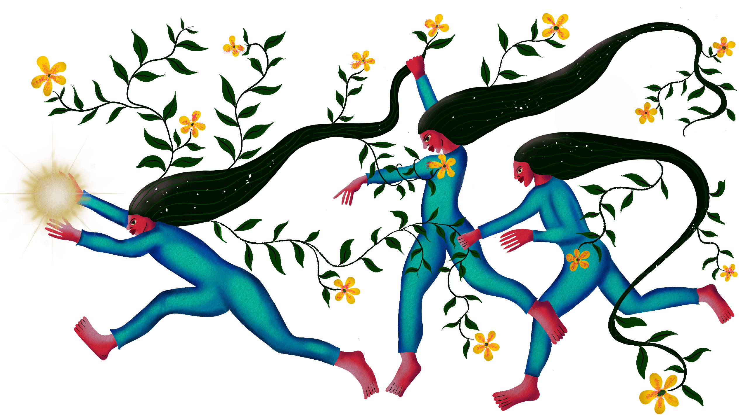 Three stylized human figures dressed in blue-green bodysuits frolic amongst green vine-like branches with yellow flowers. They have long black hair and pink-red skin. One of the figures reaches out toward a glowing, sun-like orb, the others follow behind.