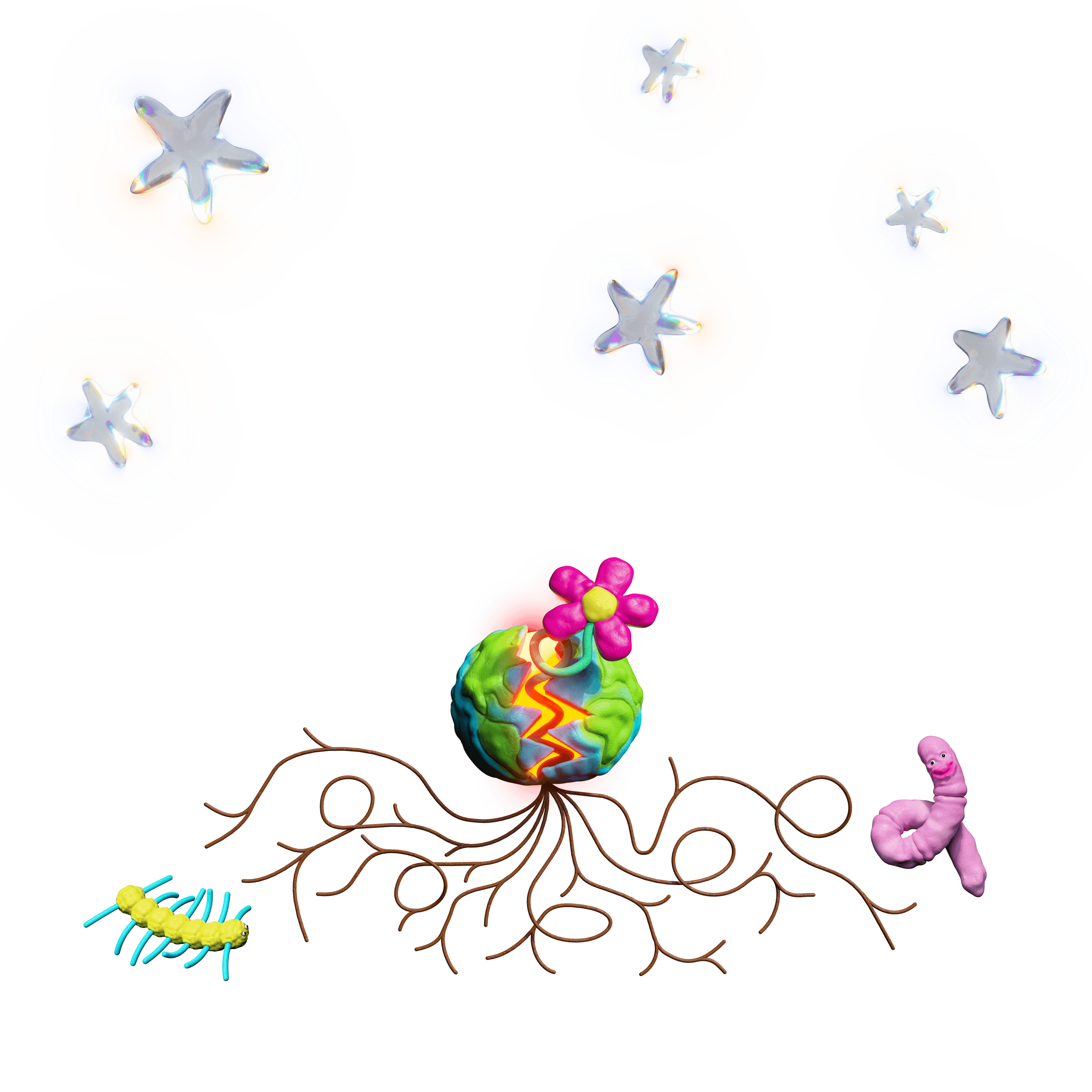 A claymation-style 3D illustration on a transparent background featuring glowing, transparent, baby blue stars with a subtle rainbow sheen, the earth with a large, pink and yellow flower and root system sprouting out of it, and two semi-anthropomorphic bugs. The earth is centered in the composition and the roots unfurl in curls below it. The bugs are on either side – a pink earthworm with a smile is on the right side, a yellow and blue multi-legged worm is on the lower left.
