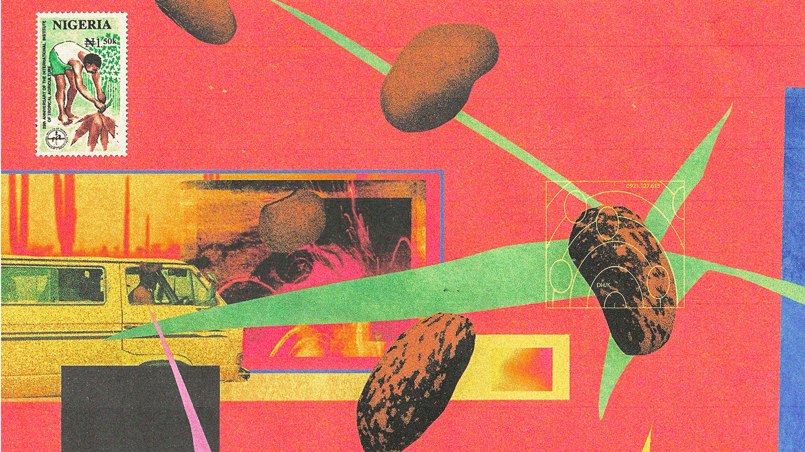 A technicolor collage featuring a Nigerian postage stamp, a van, and various beans.