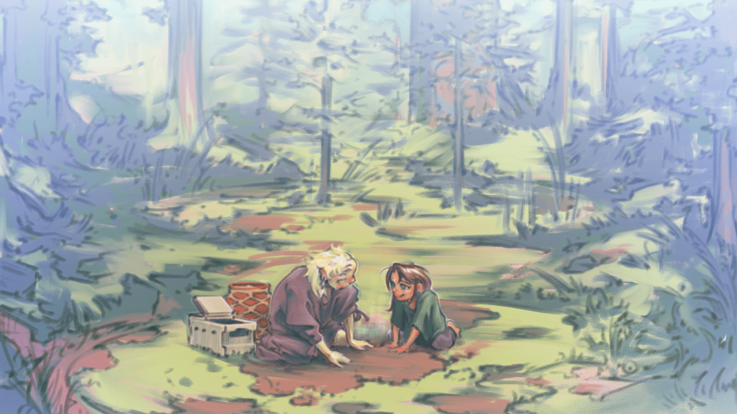 The elder and a child are seated together in a forest
