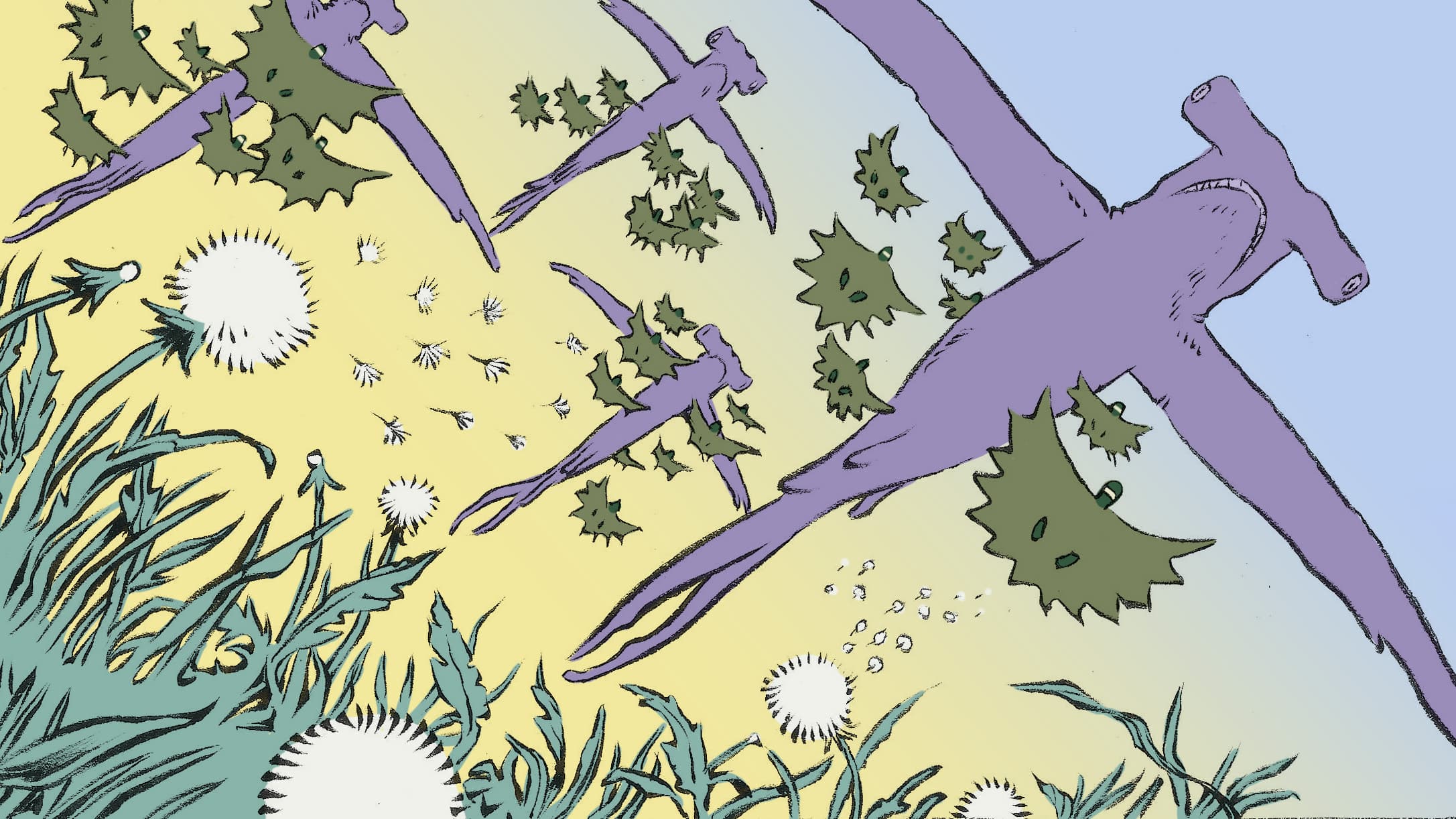 Green figures and hammerhead sharks in flight.