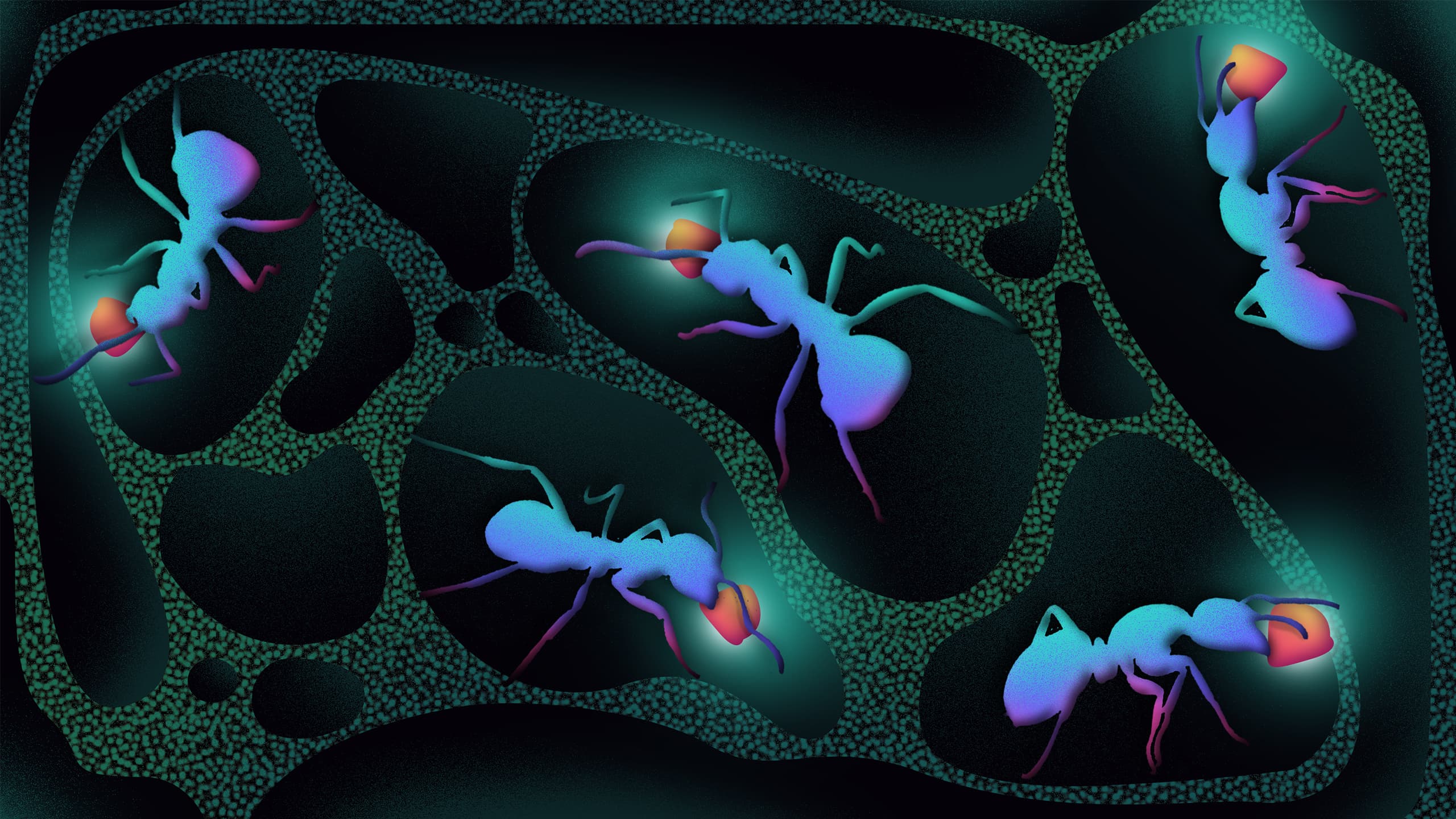 Five glowing blue ants in an underground network carrying small glowing rocklike material