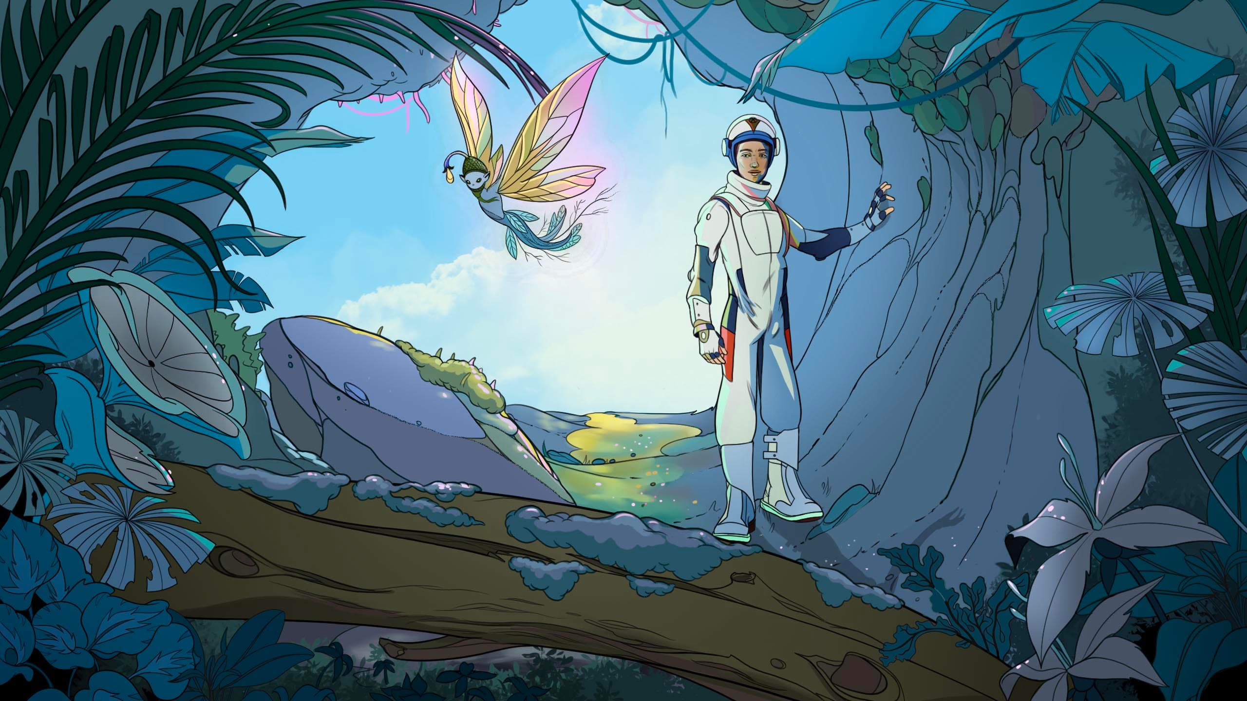A figure in a white space suit stands at the mouth of a cave filled with lush plant life. There is a glowing moth-like creature in flight next to the figure.