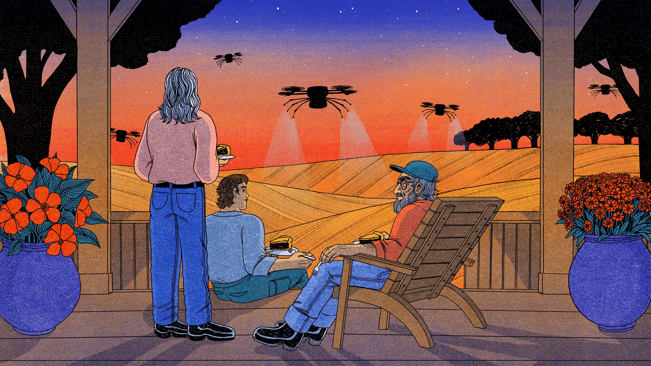 Three men sitting on a porch enjoying pie in front of the sunset as three bug-like drones hover over the field in front of them.