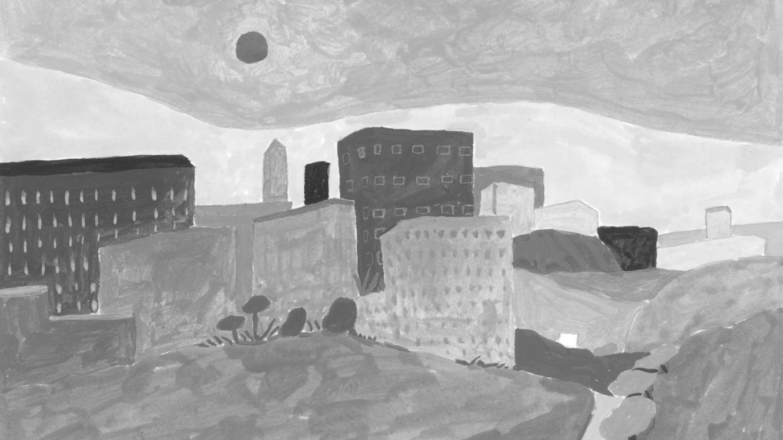 A painted city landscape in light pastels.