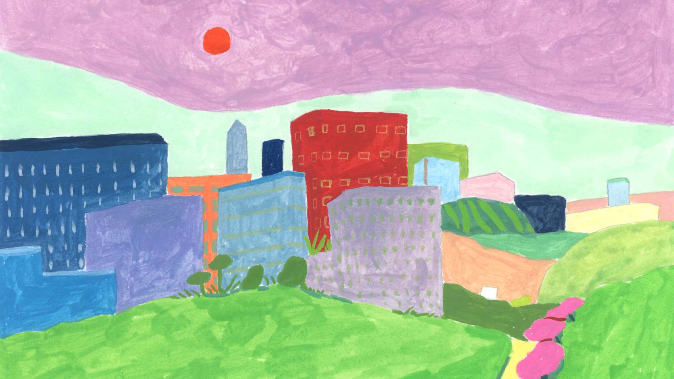 A painted city landscape in light pastels.