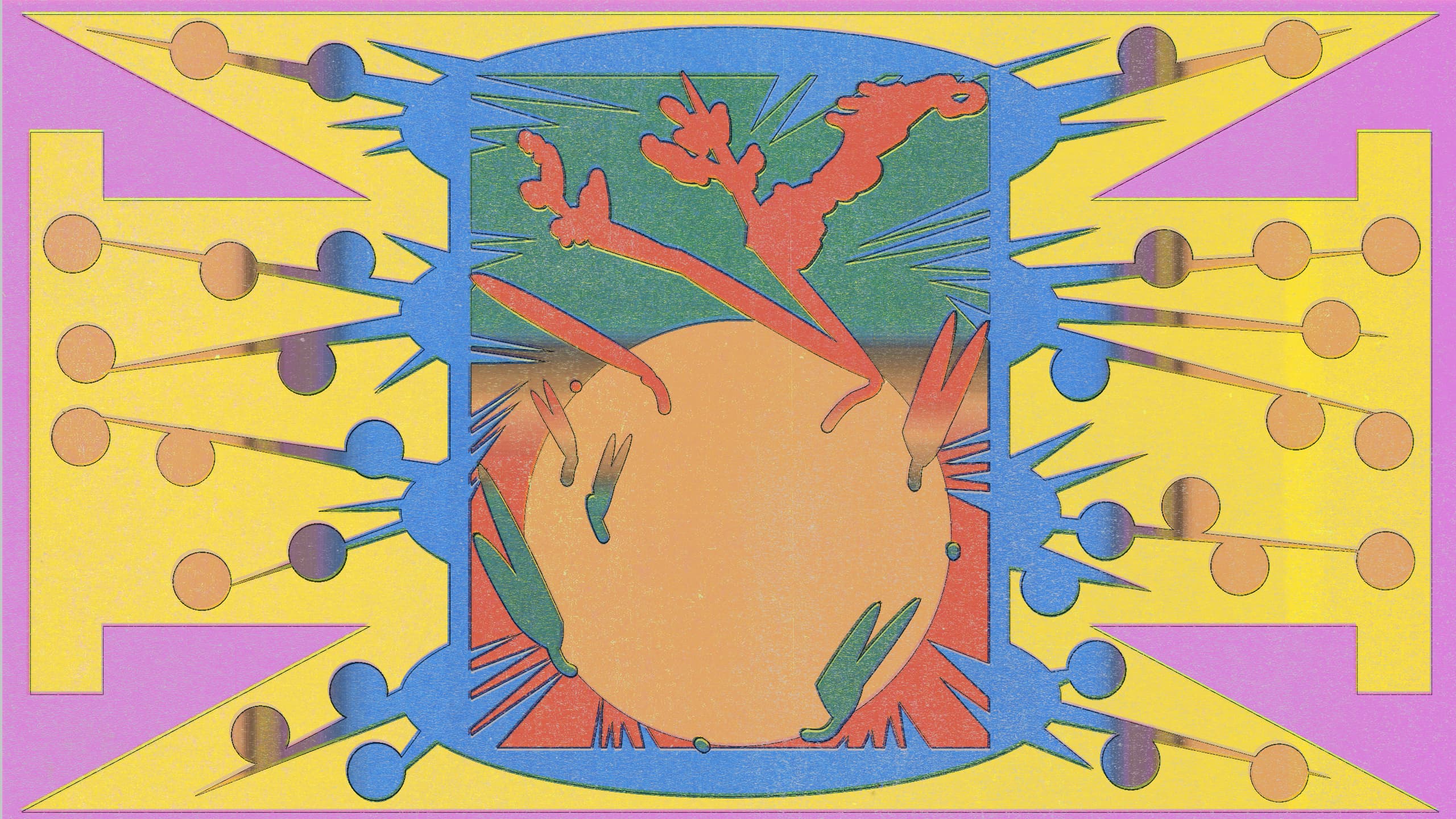 A geometric abstract composition with bright risograph-like colors representing a germinating seed.