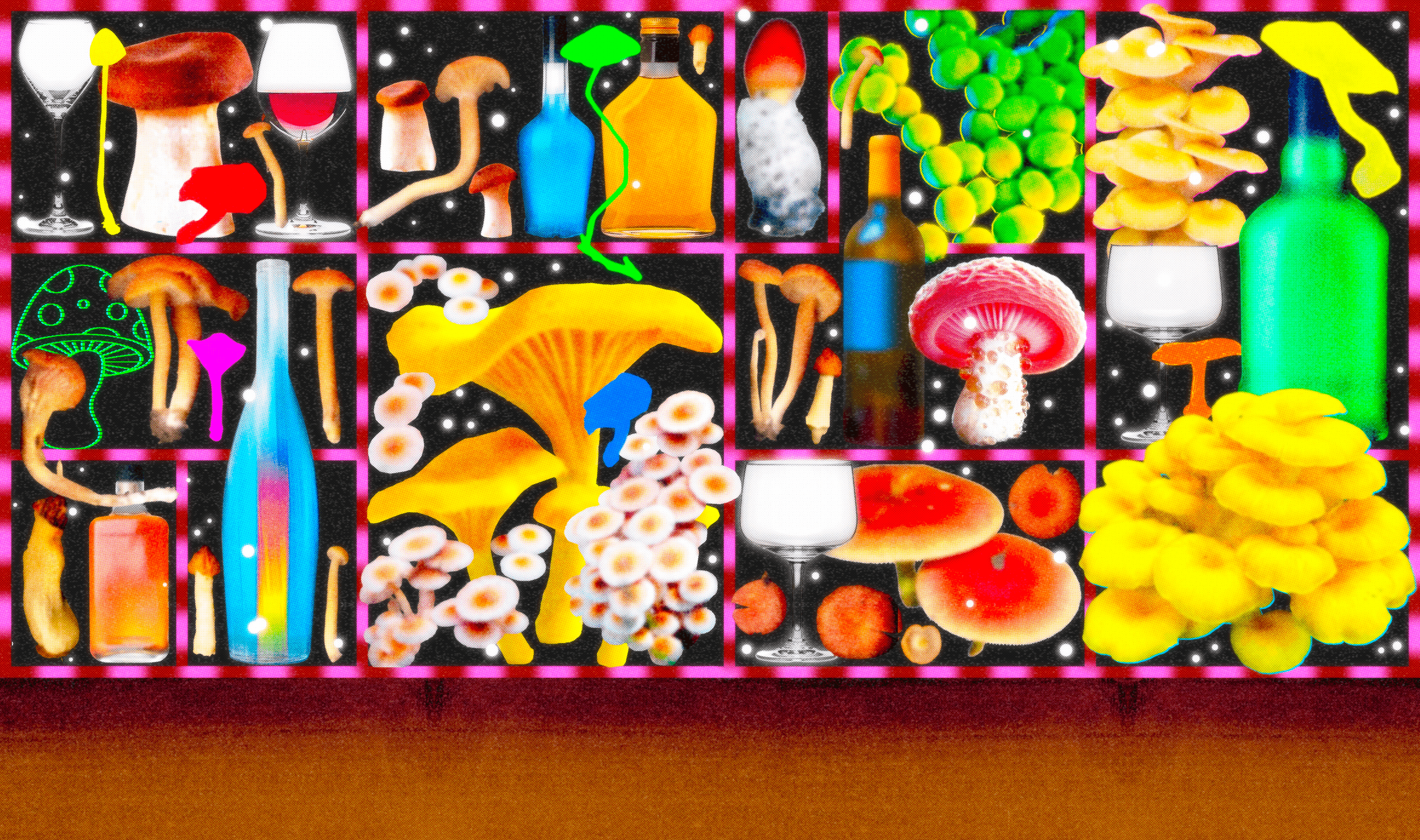 A bar with colorful tinctures, bottles, and mushrooms on display