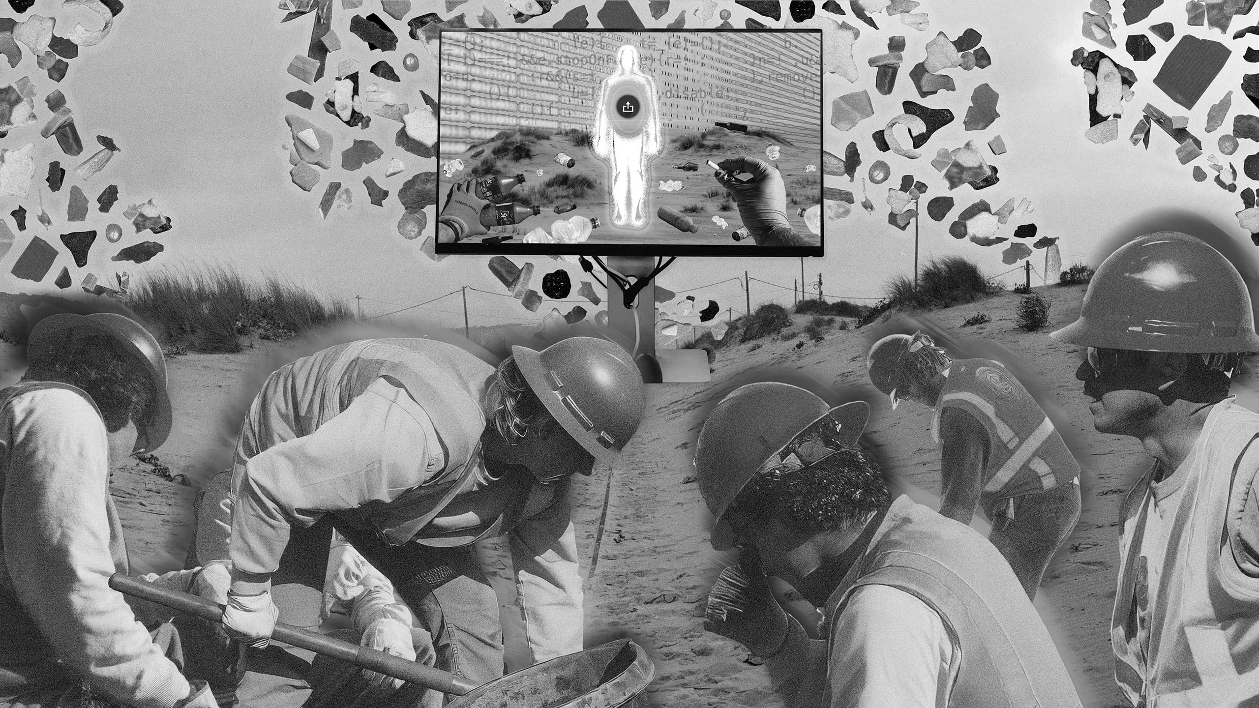 A collage with a group of people in work vests and helmuts digging into the sand with a screen looming in the background showing a silhouette of a person with a target at the heart drawn by a hand.