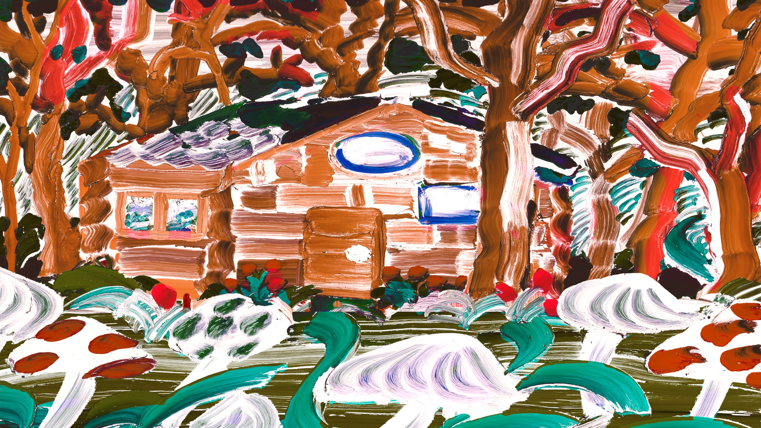 A loose expressionist drawing of a cottage in a forest of trees and fungi