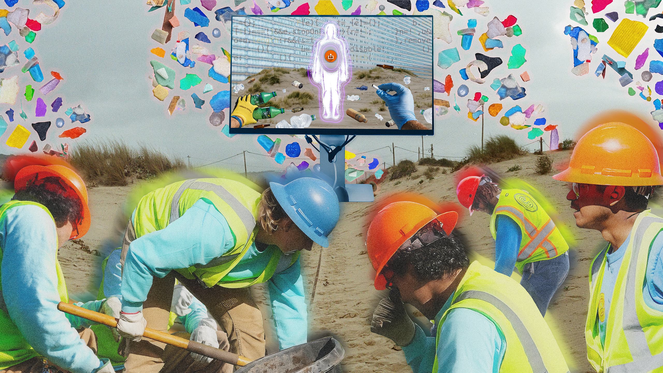 A collage with a group of people in work vests and helmuts digging into the sand with a screen looming in the background showing a silhouette of a person with a target at the heart drawn by a hand.
