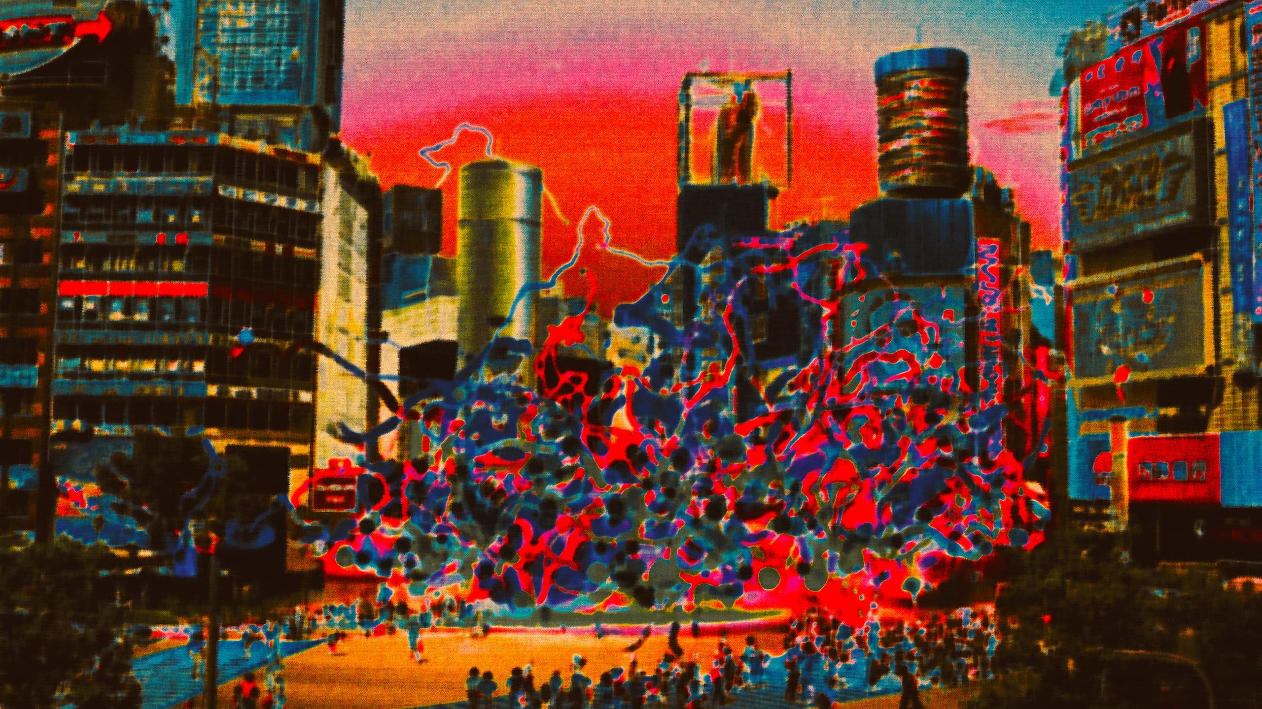 A city landscape being overtaken by a mycelium network