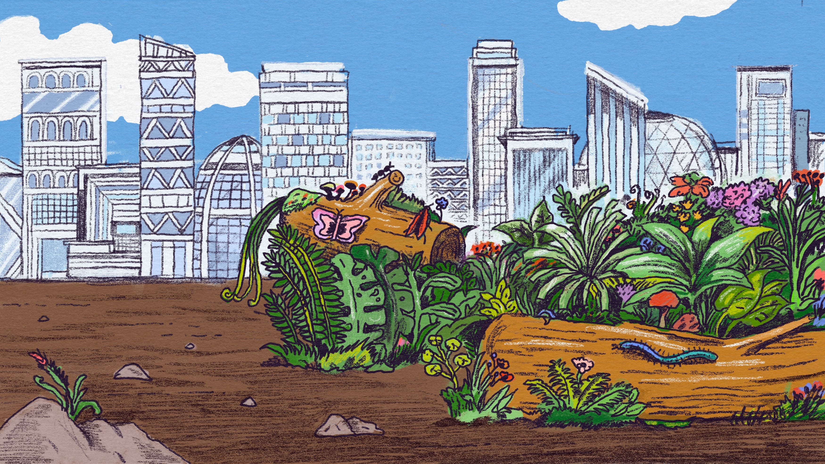 Trees and foliage form a humanoid shape, laying on the ground in front of a backdrop of a city skyline.