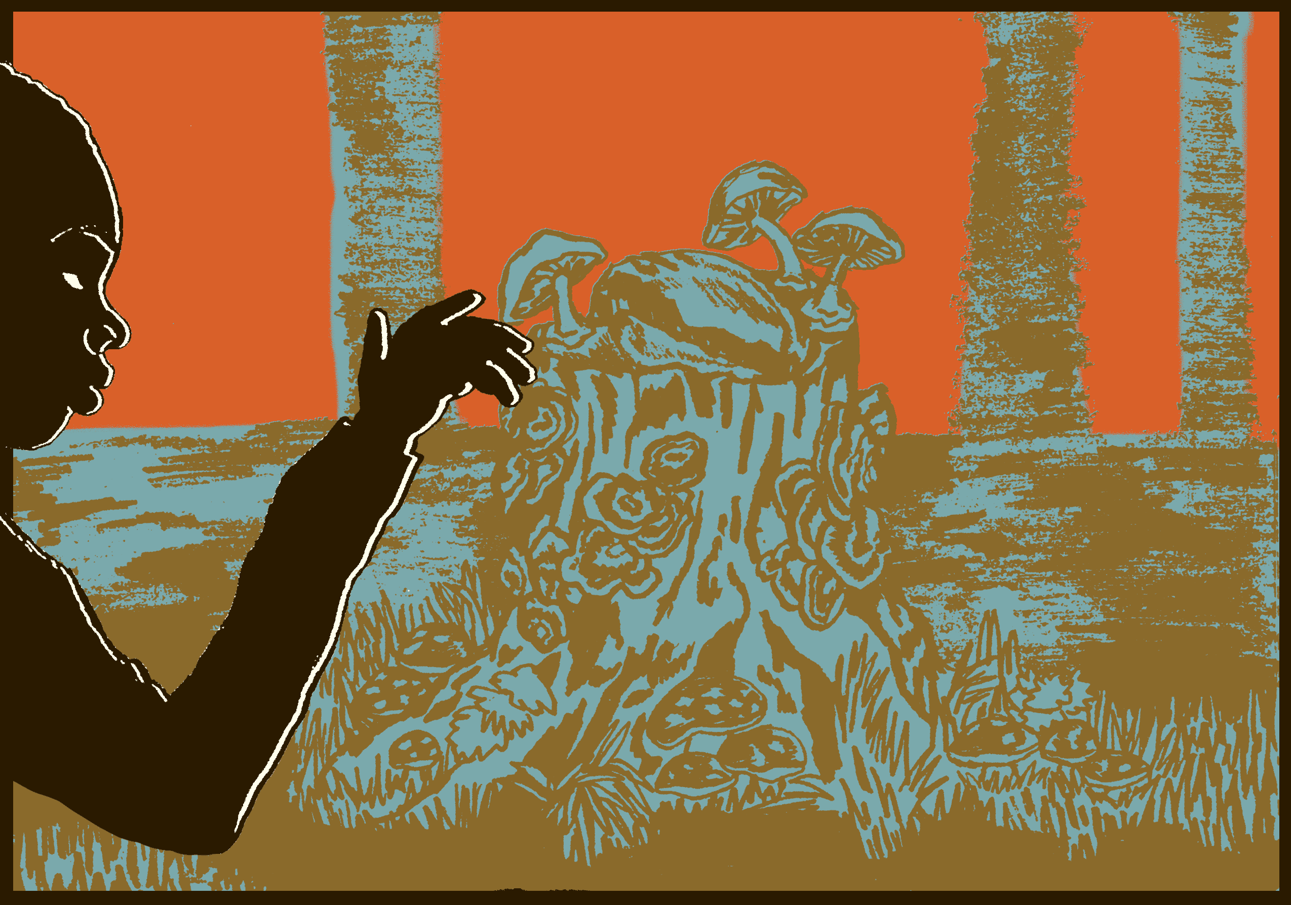 A shadow of person's profile--face and right arm--motioning towards a backdrop with a treestump and mushrooms