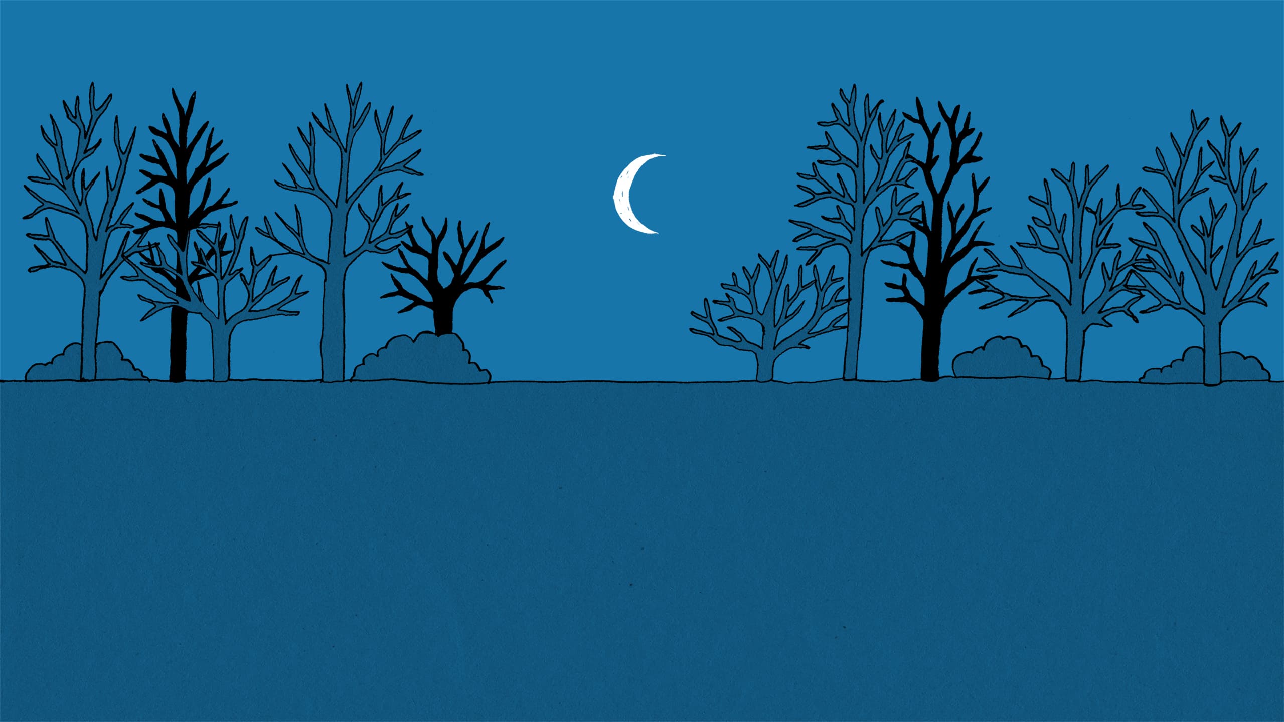 An illustrated landscape with varying colored trees surrounding a crescent moon in the center of the frame.
