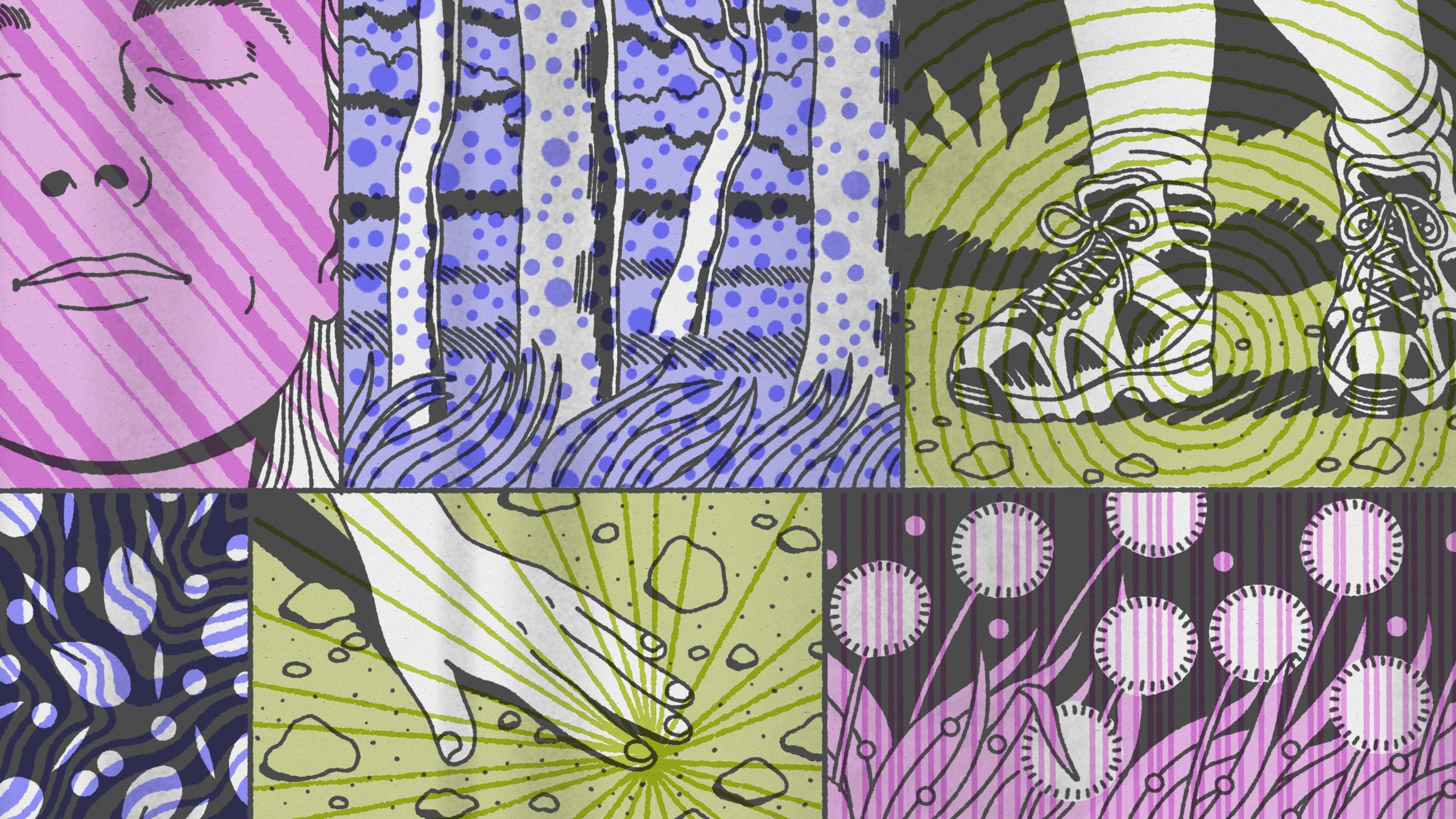 A six paneled drawing (clockwise): A pink face of a human with stripes sweeping across it; a scene with bare trees in blue with varying sized dots sweeping across; a pair of hiking boots being worn on the grass with green spirals overlaid; blue seeds on a black background; a hand touching the earth; dandelion puffs swaying in the wind