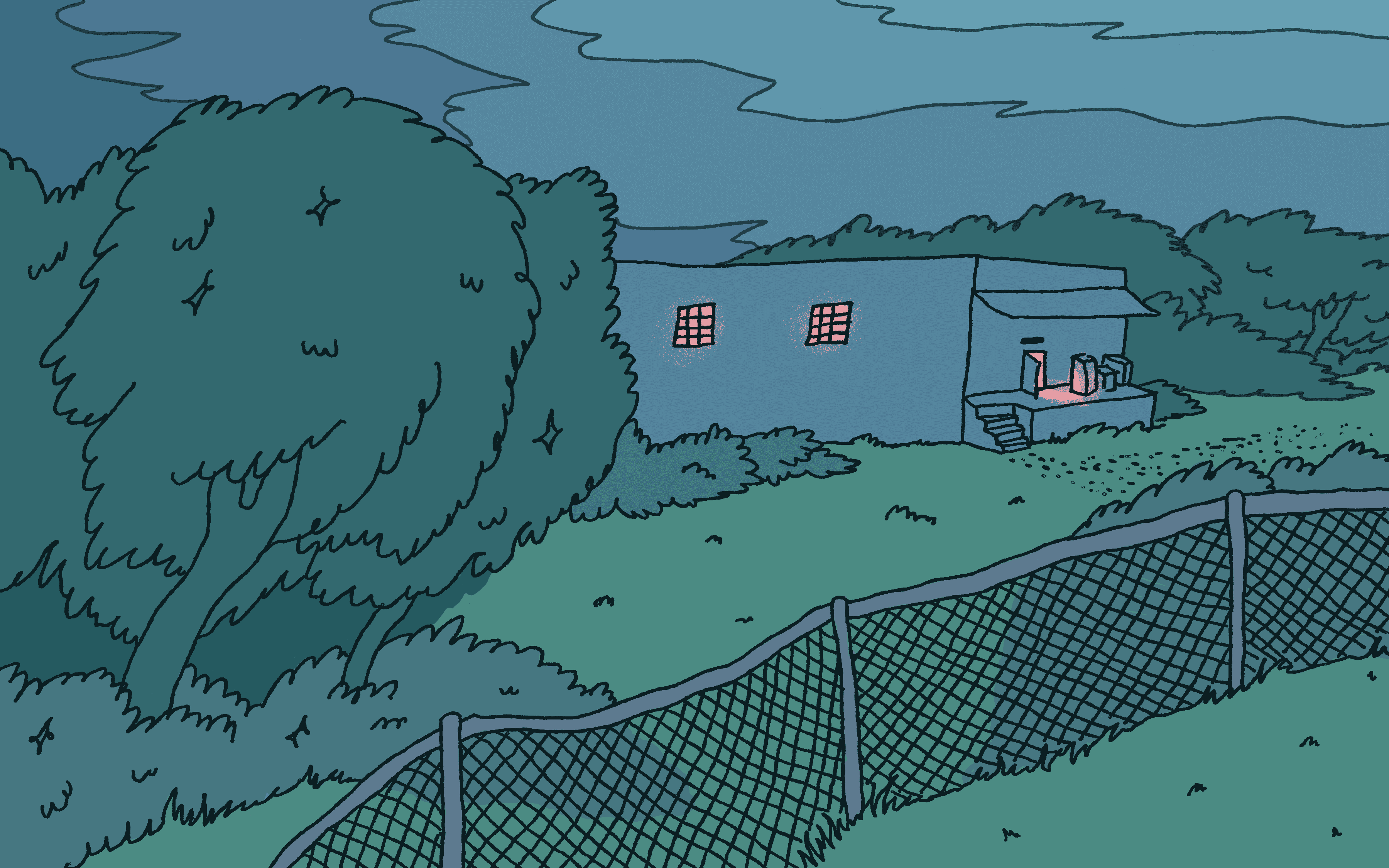 A hand-drawn scene showcasing a building with lights on in the windows in a distance, partially obscured by trees and a chainlink fence