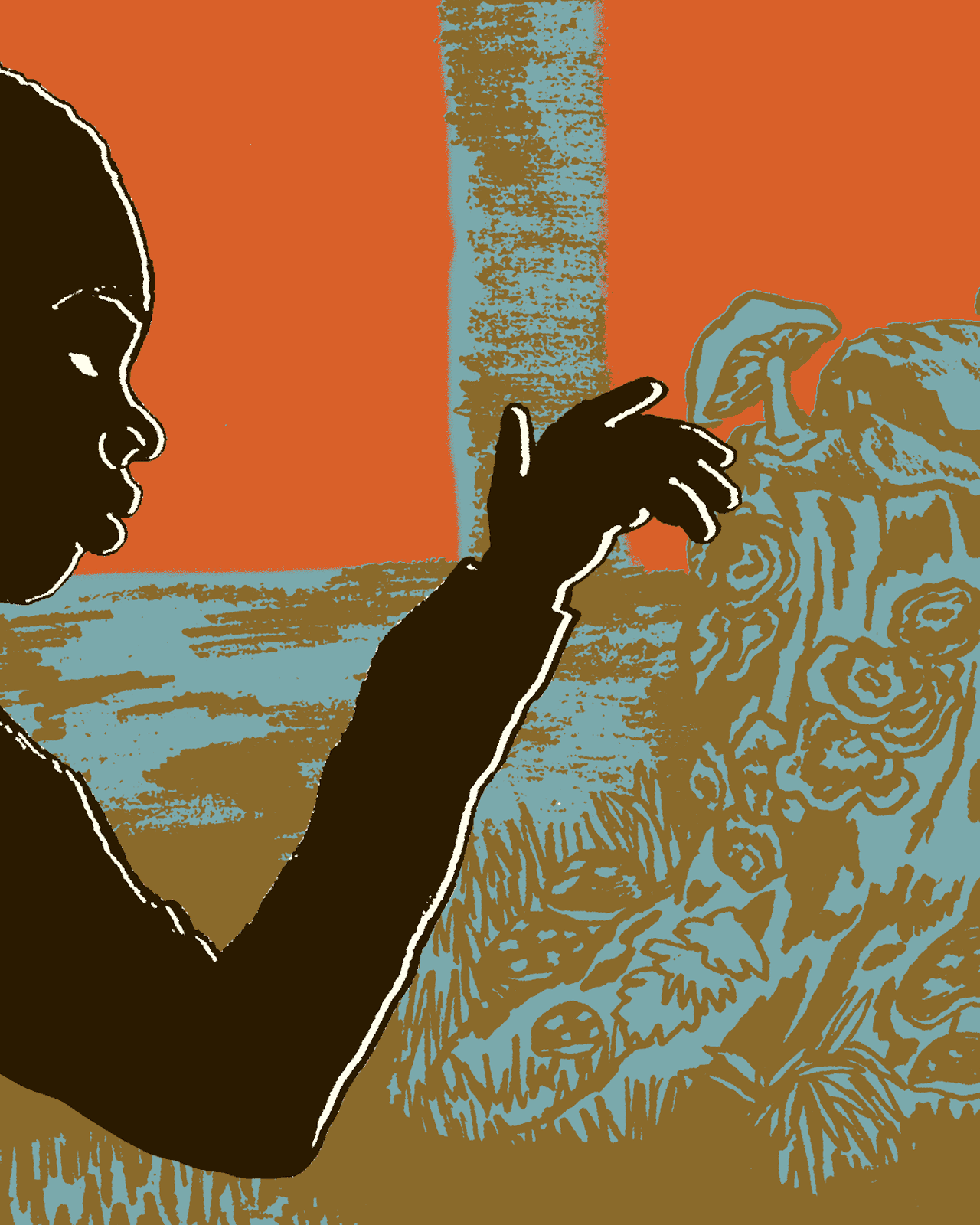 A shadow of person's profile--face and right arm--motioning towards a backdrop with a treestump and mushrooms