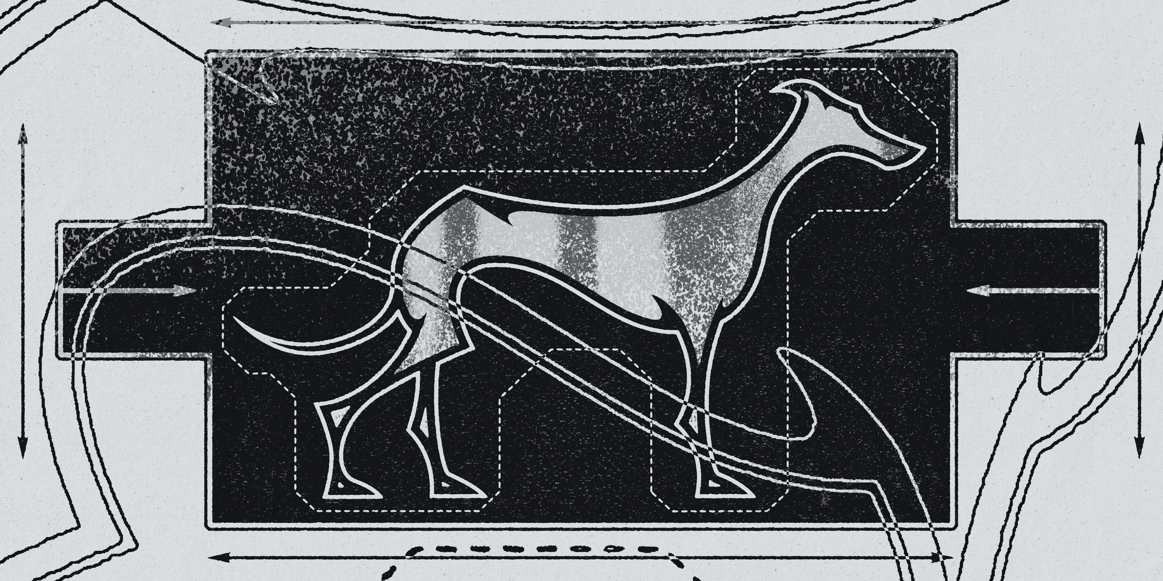 A graphically drawn silhouette of a dog with technical lines around it