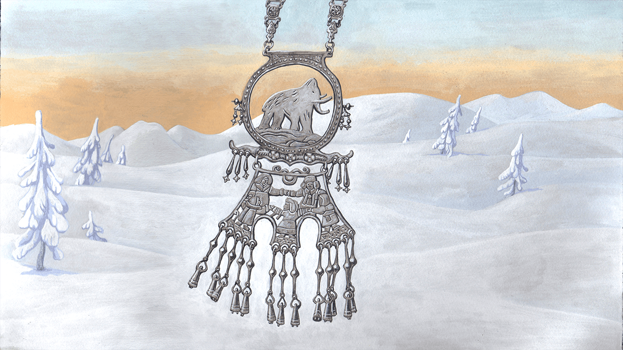 An intricate metal talisman with a mammoth motif in front of a snow landscape