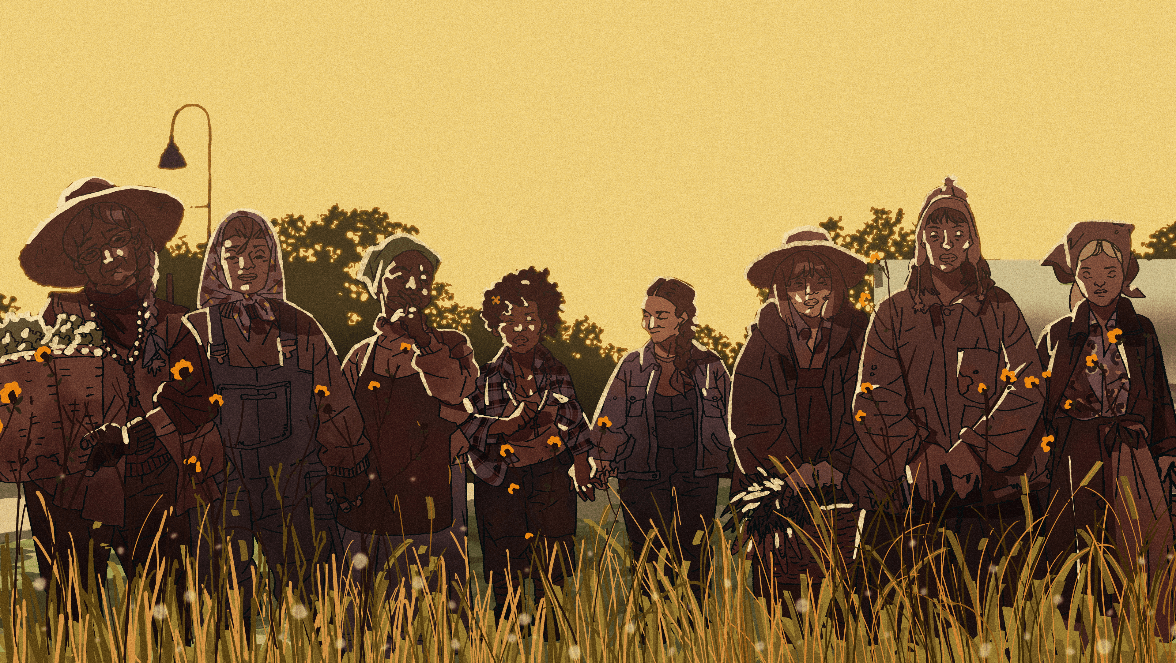 A group of farmers standing in a line in a sepia field