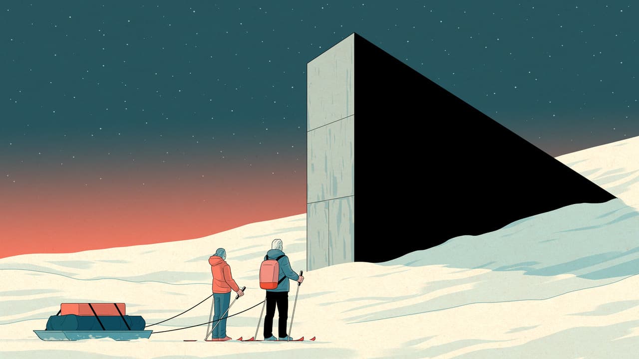 Two figures in winter gear in the snow dragging a sled in front of a large angular beacon