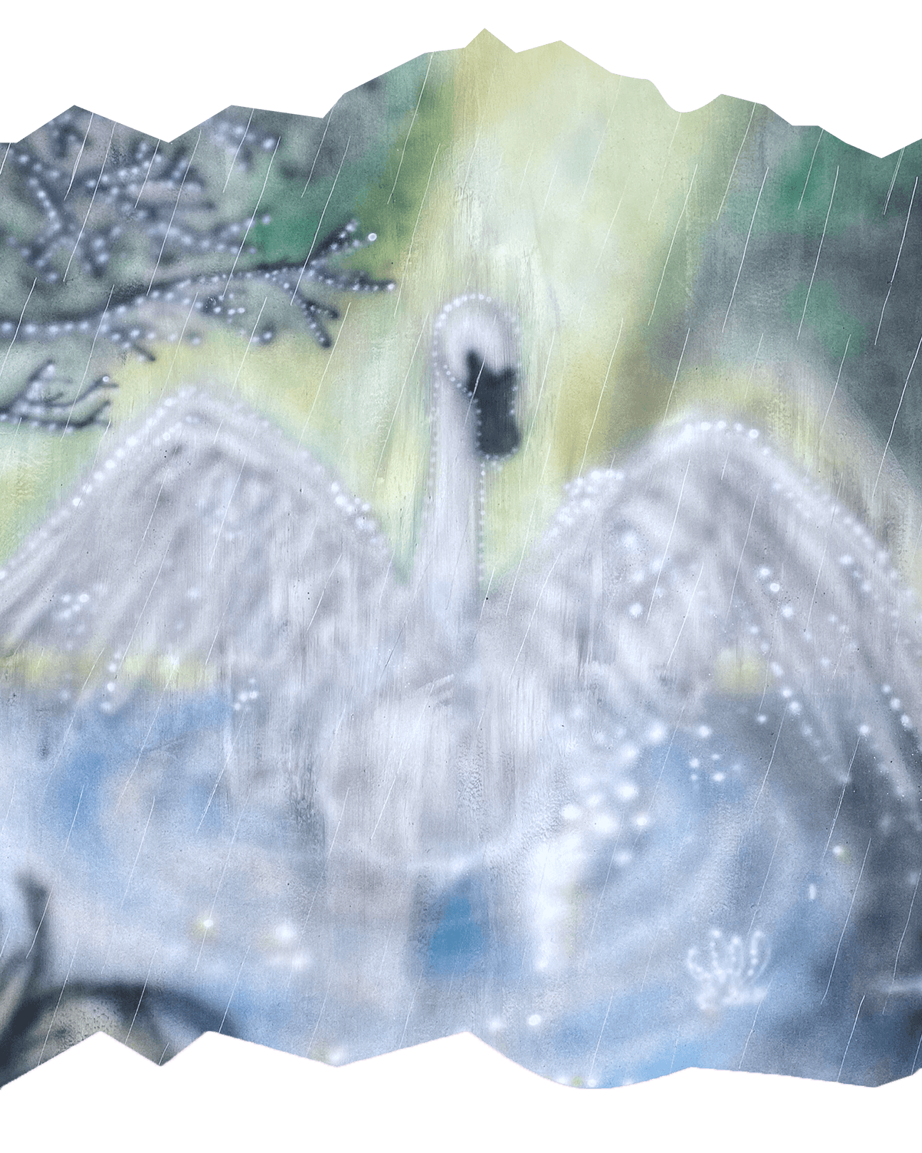 A painted ethereal white swan over a soft blue and green background, cut from the bottom and top by pink strata lines