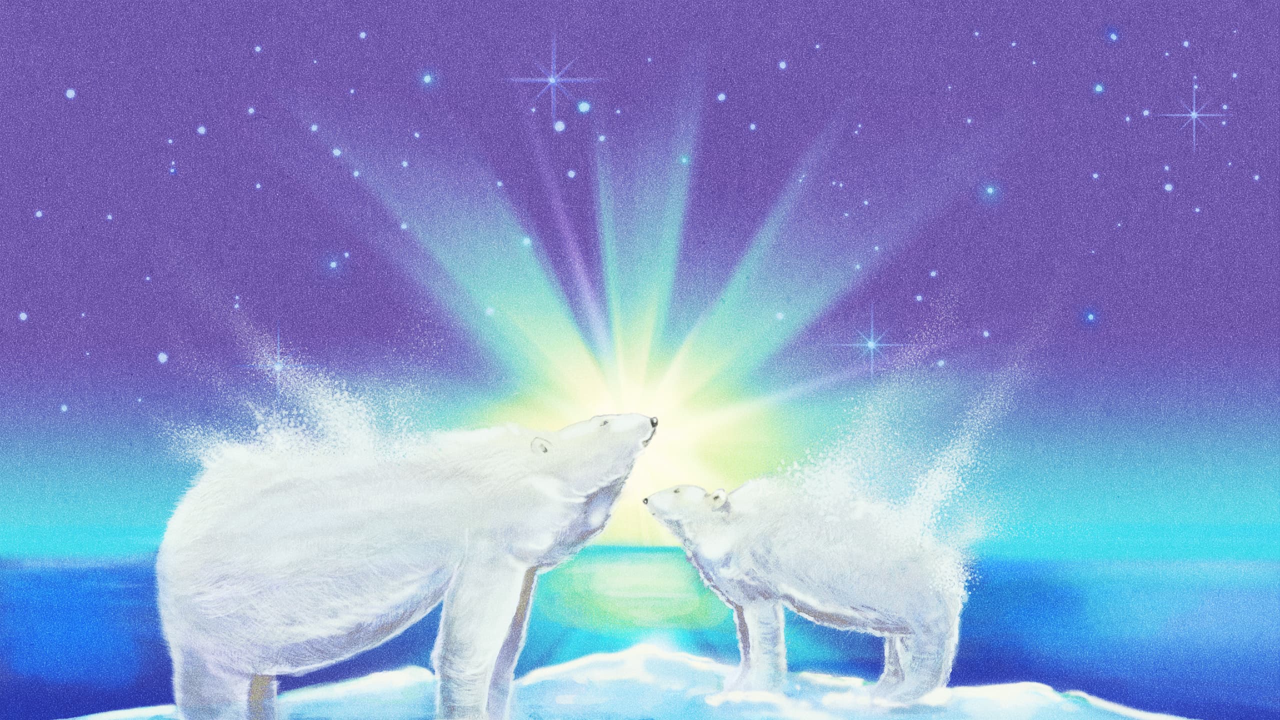 Two polar bears in the arctic facing one another in front of a bright glowing light