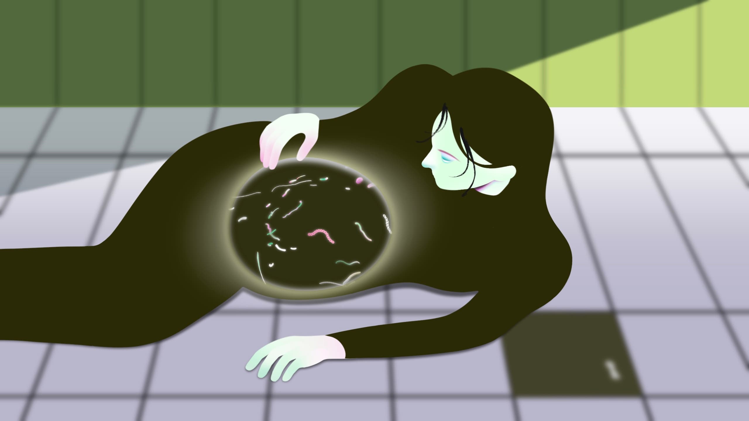 A woman lays on the tiled ground with a view into her stomach full of worms