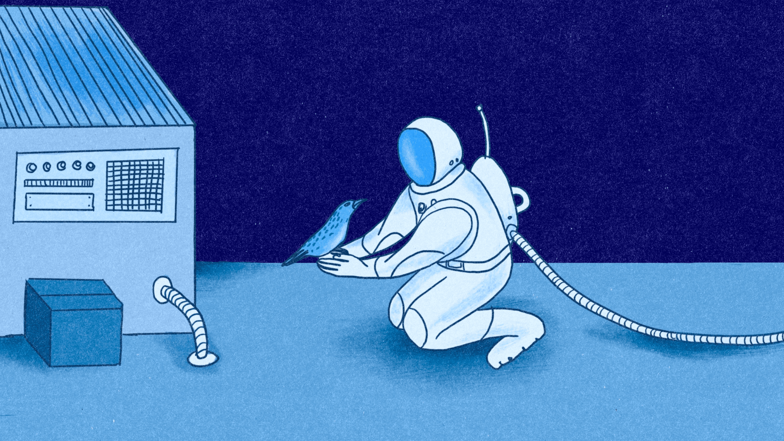 A person in an astronaut-like suit holds a bird