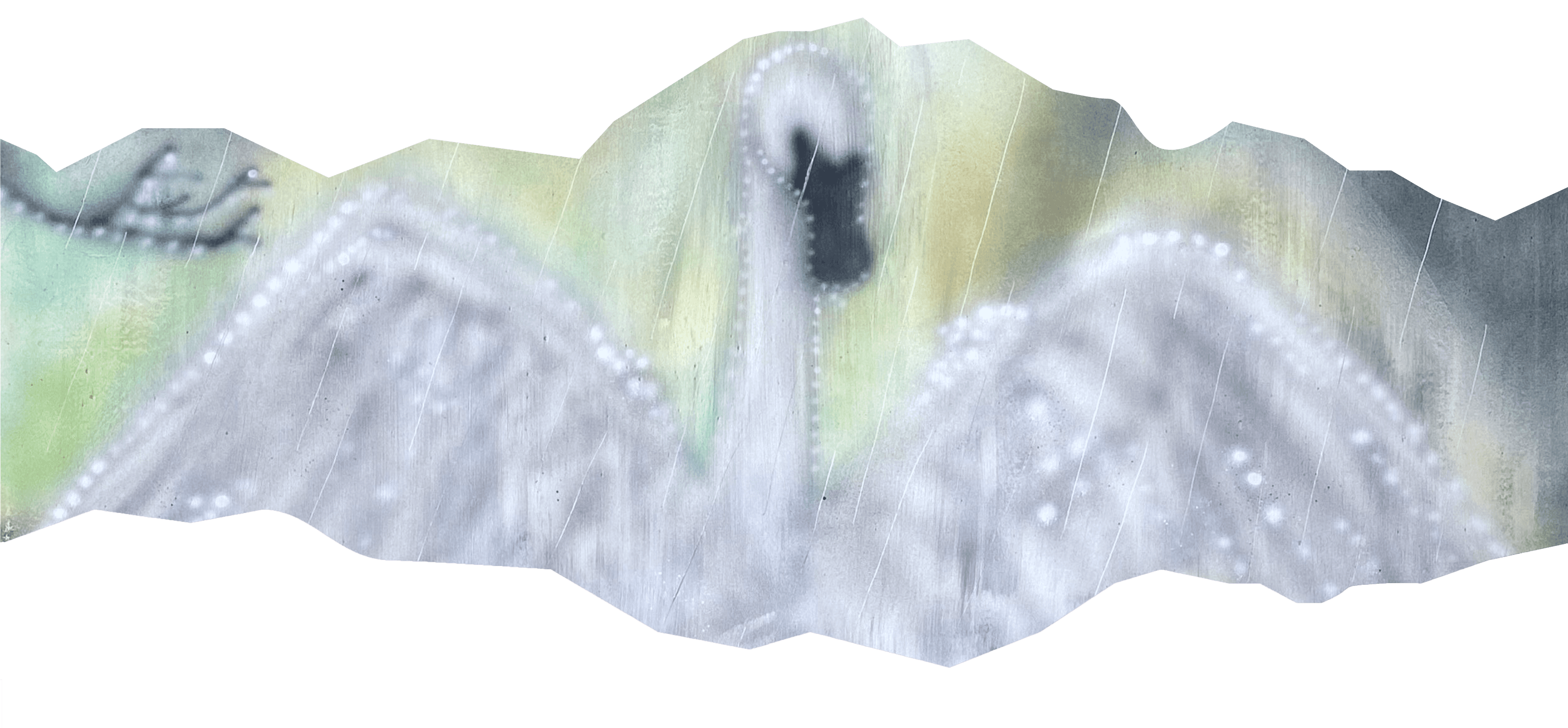 A painted ethereal white swan over a soft blue and green background, cut from the bottom and top by pink strata lines