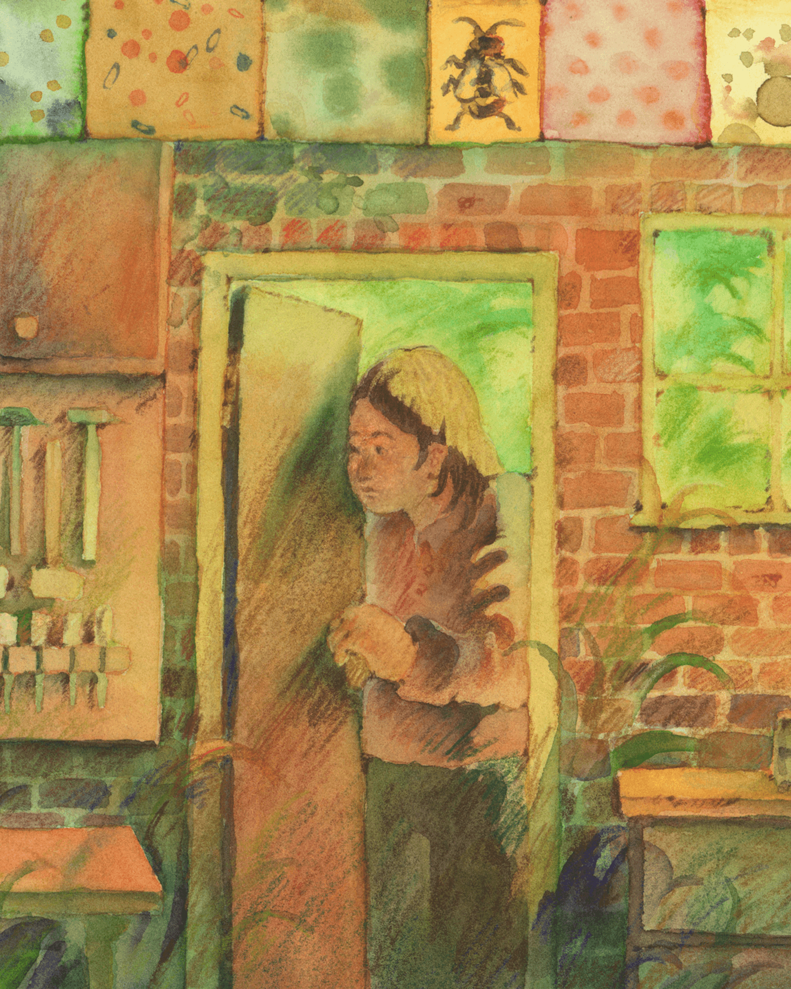 A drawing of a person opening the door and looking into a room full of tools and plants