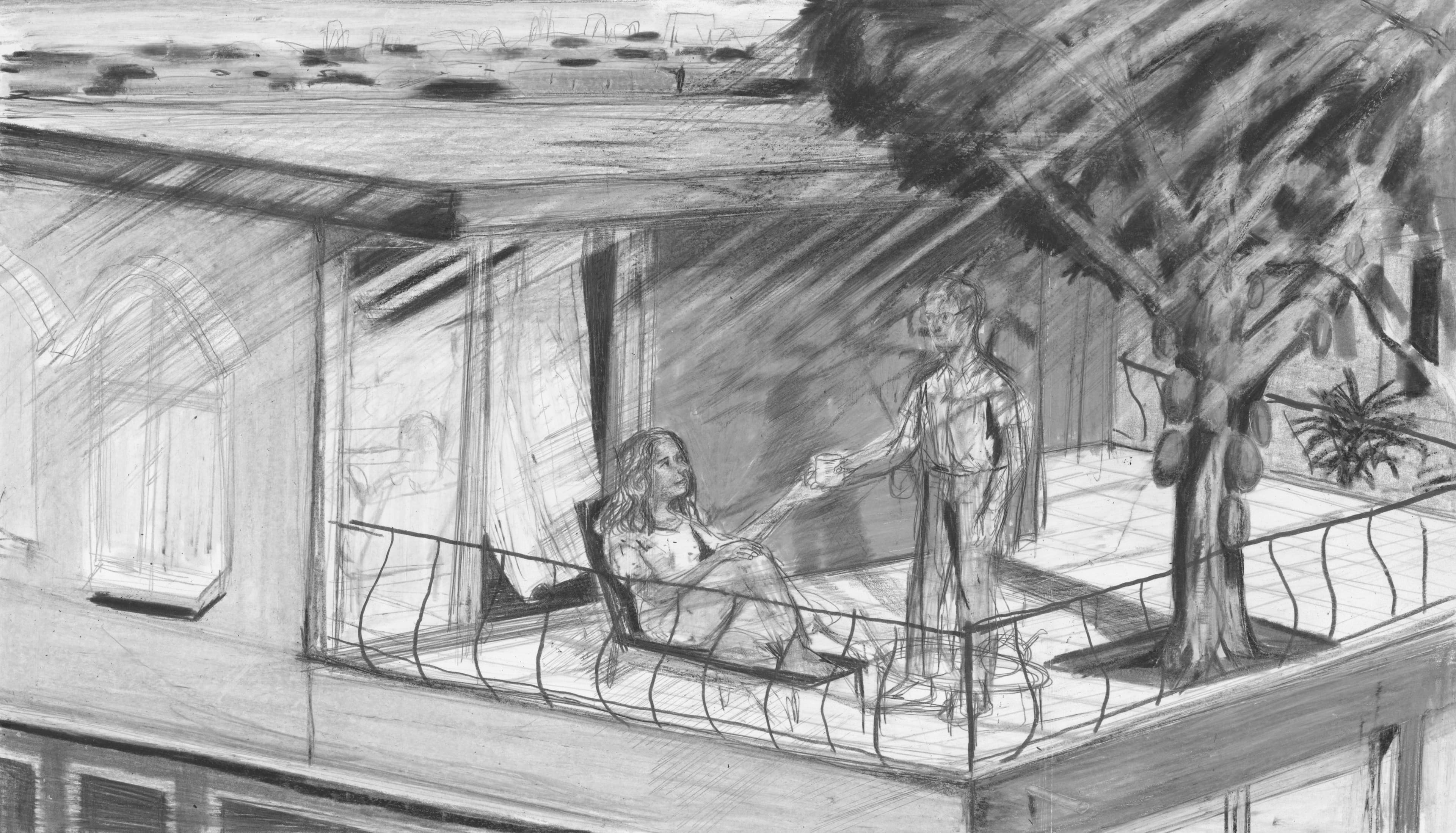 A drawing of two people conversing, one reclining on a chair, the other standing, on a balcony of a building