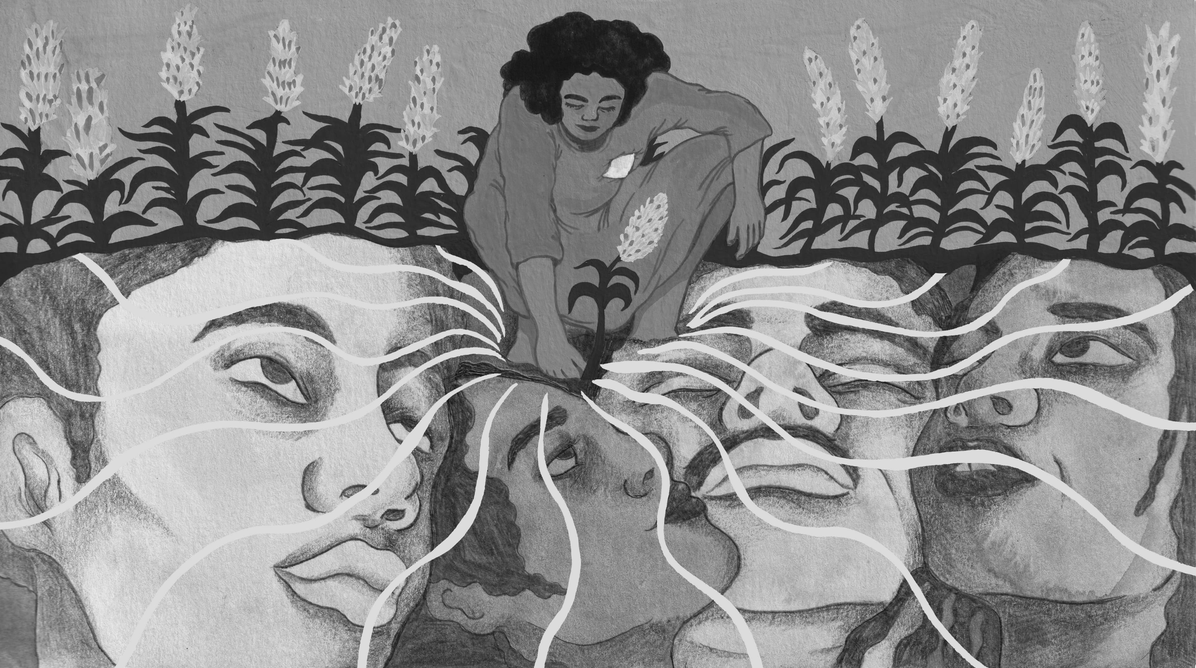 A drawing of a figure putting her fist into the ground which emanates yellow tendrils into the soil. The soil shows 4 faces.